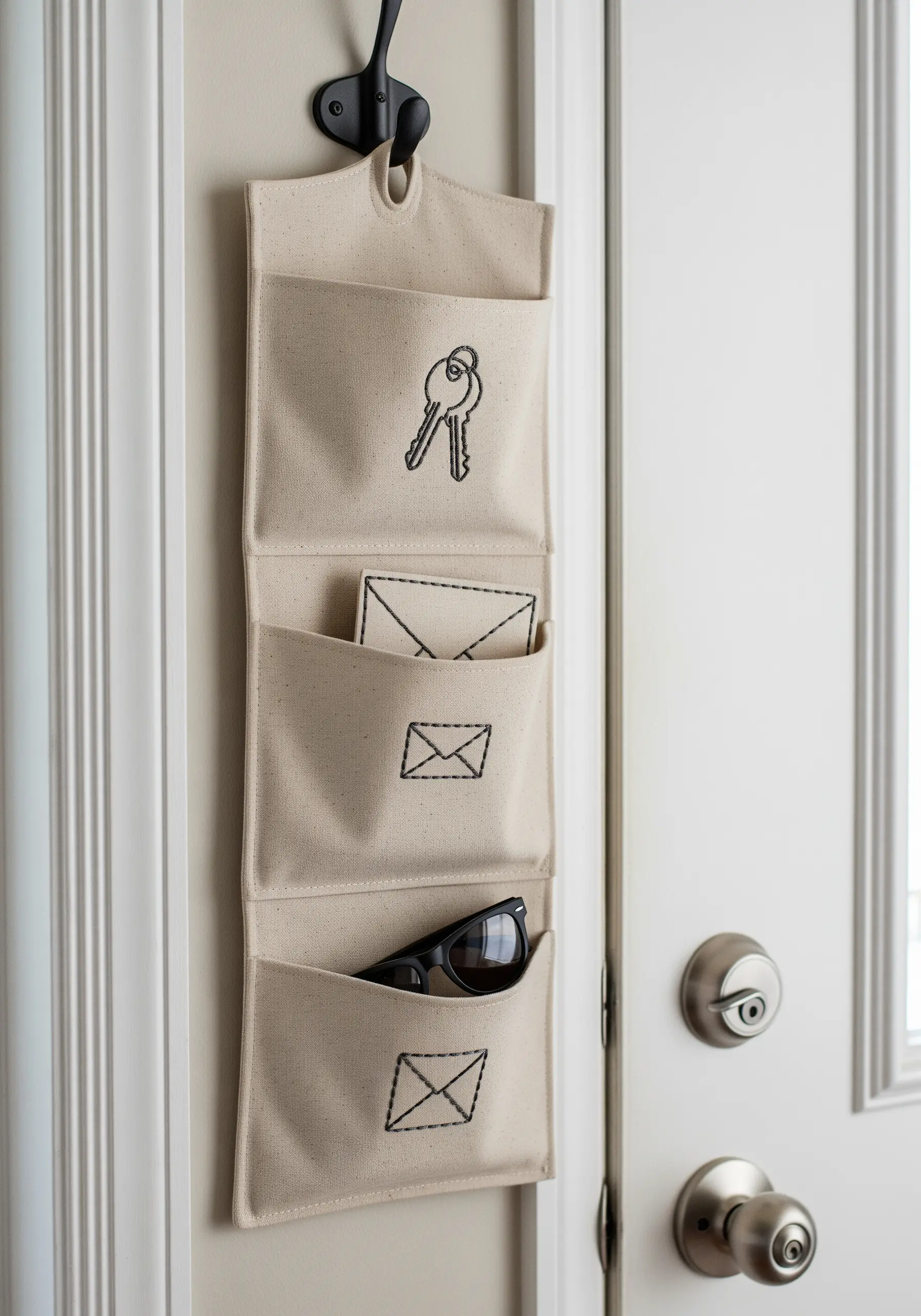A canvas hanging organizer with small embroidered icons for keys and mail on its pockets.