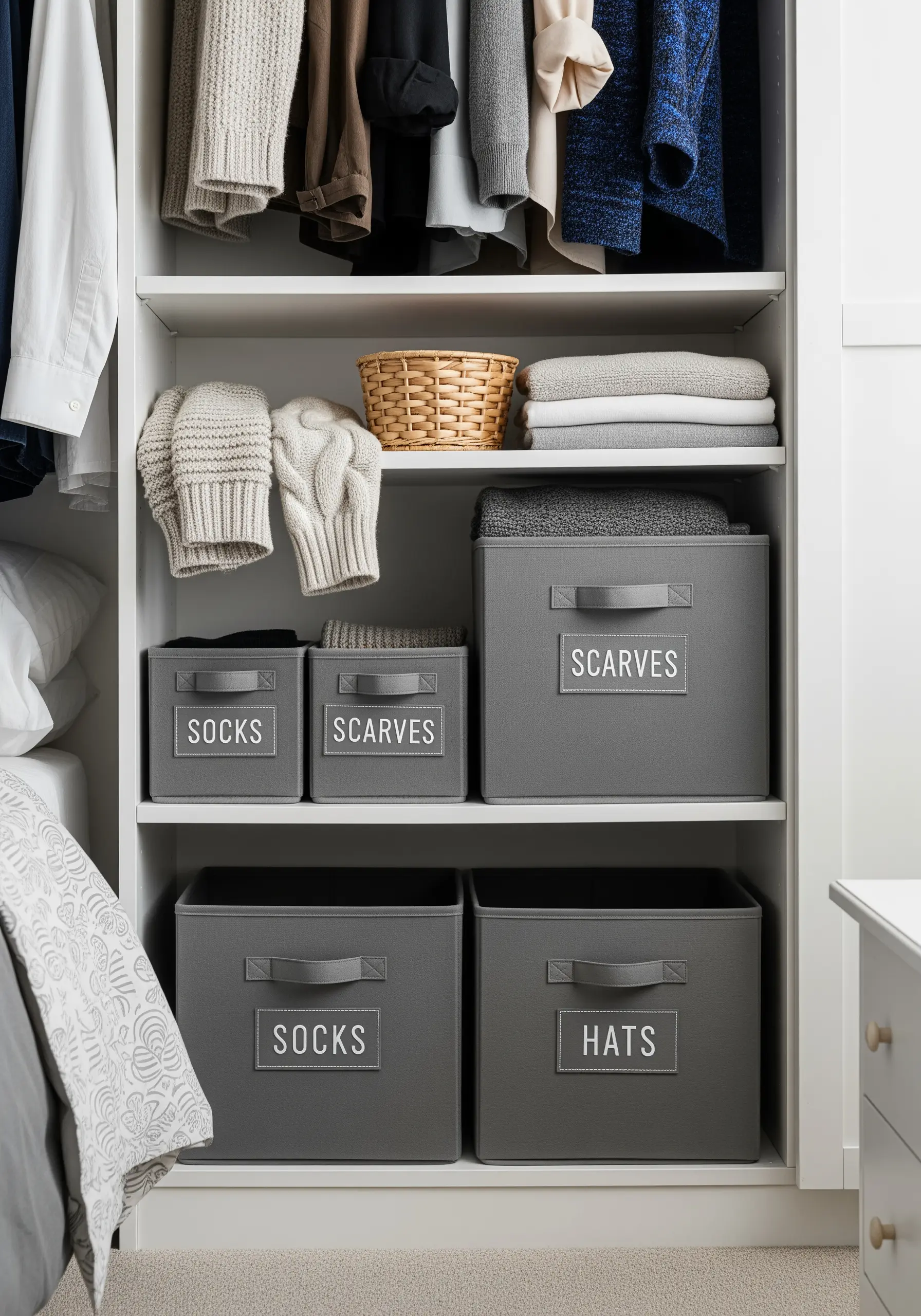 White backstitched labels on grey fabric storage bins in a closet.