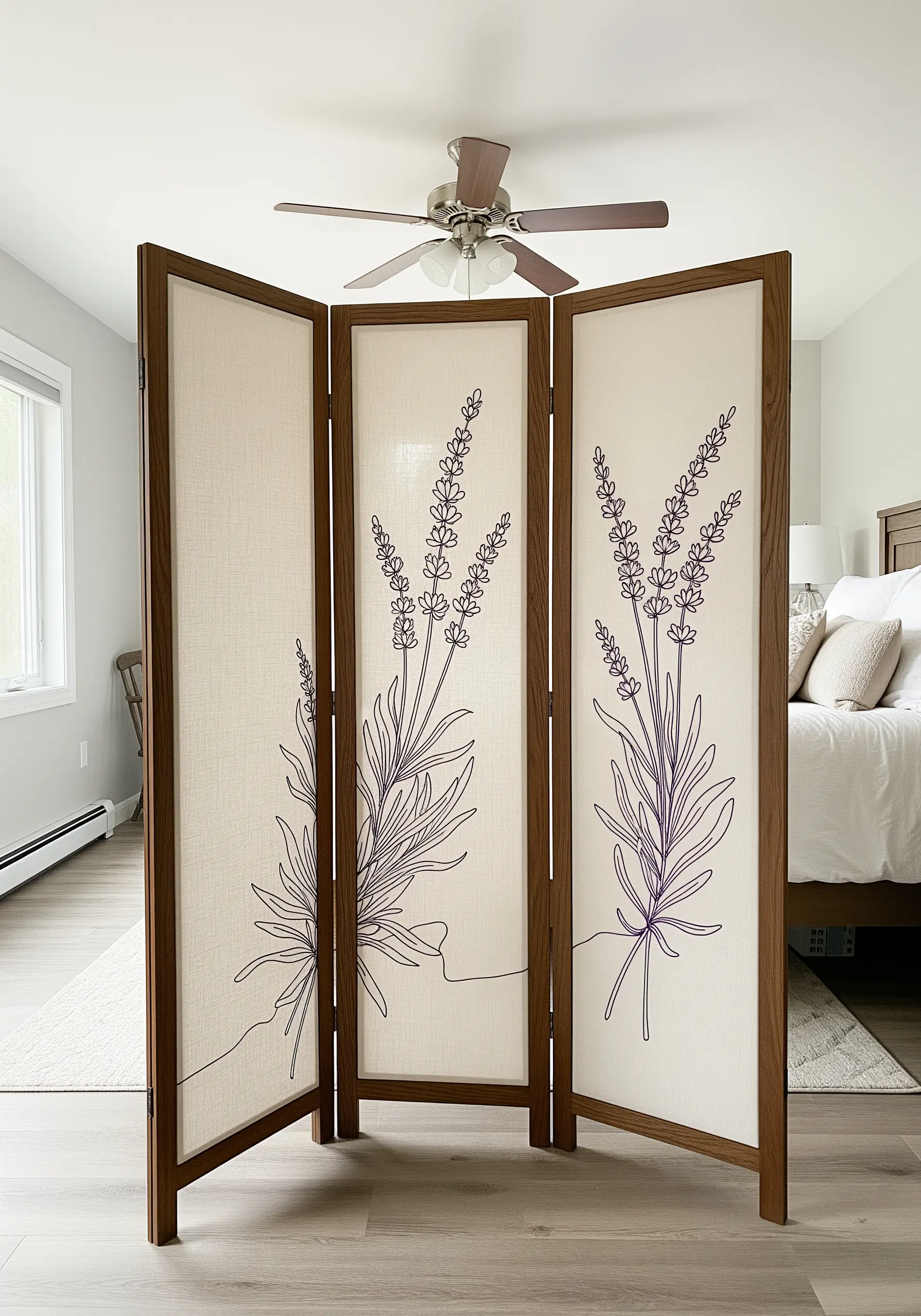 A three-panel room divider with large, continuous-line embroidery of lavender stalks.