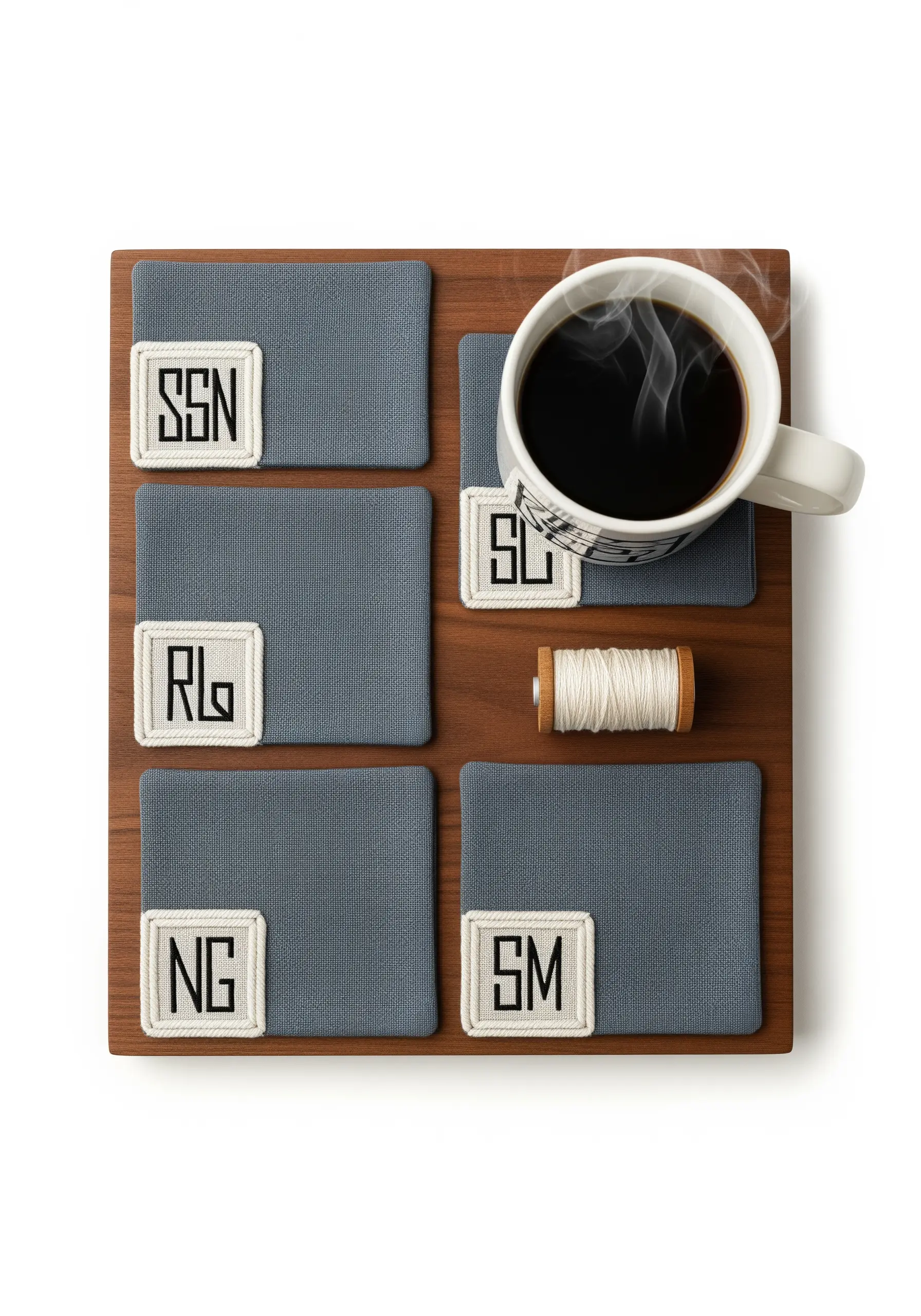 A set of gray fabric coasters with white corded borders and modern block-letter monograms.