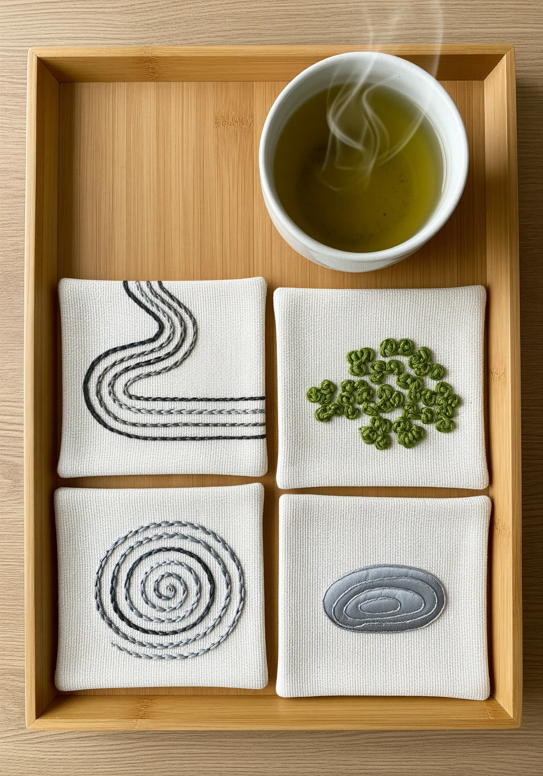 Four white coasters with minimalist zen-inspired embroidery in grey and green.