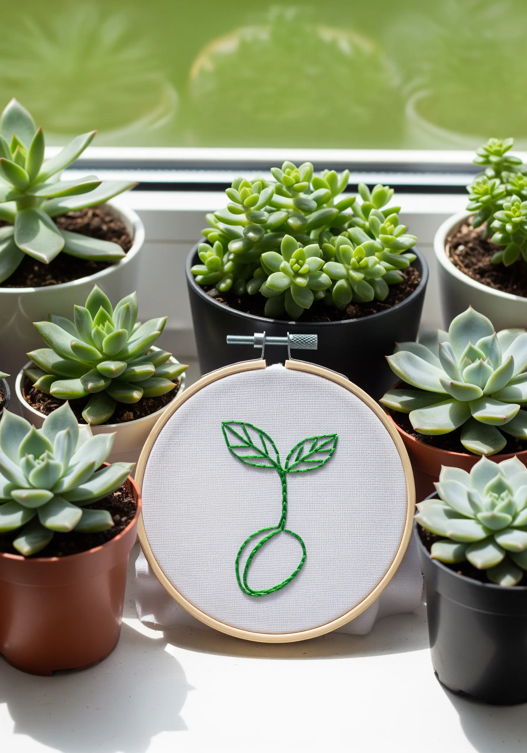 A small embroidery hoop with a simple green seedling stitched in outline.