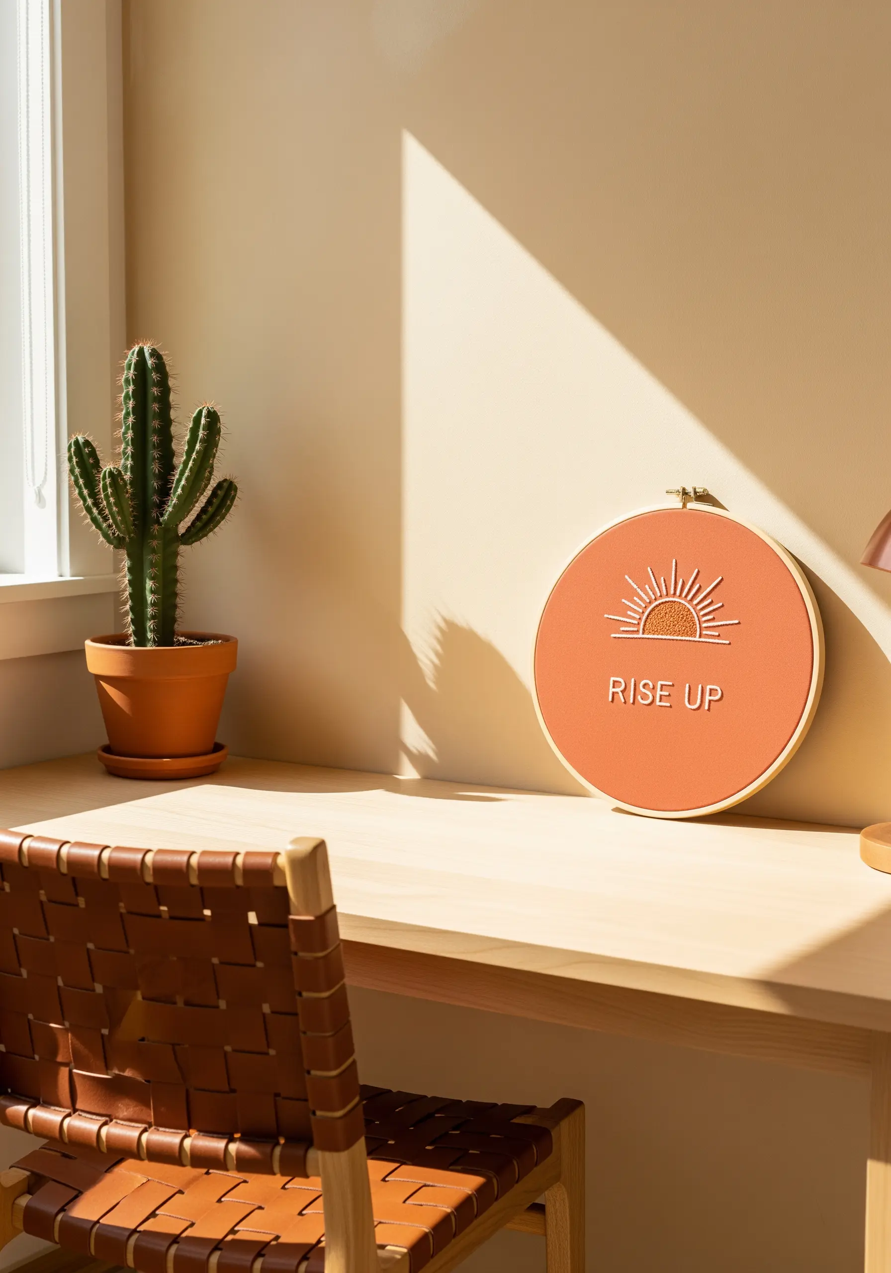 A simple line-art sunrise embroidered above the words 'Rise Up' in a terracotta-colored hoop.