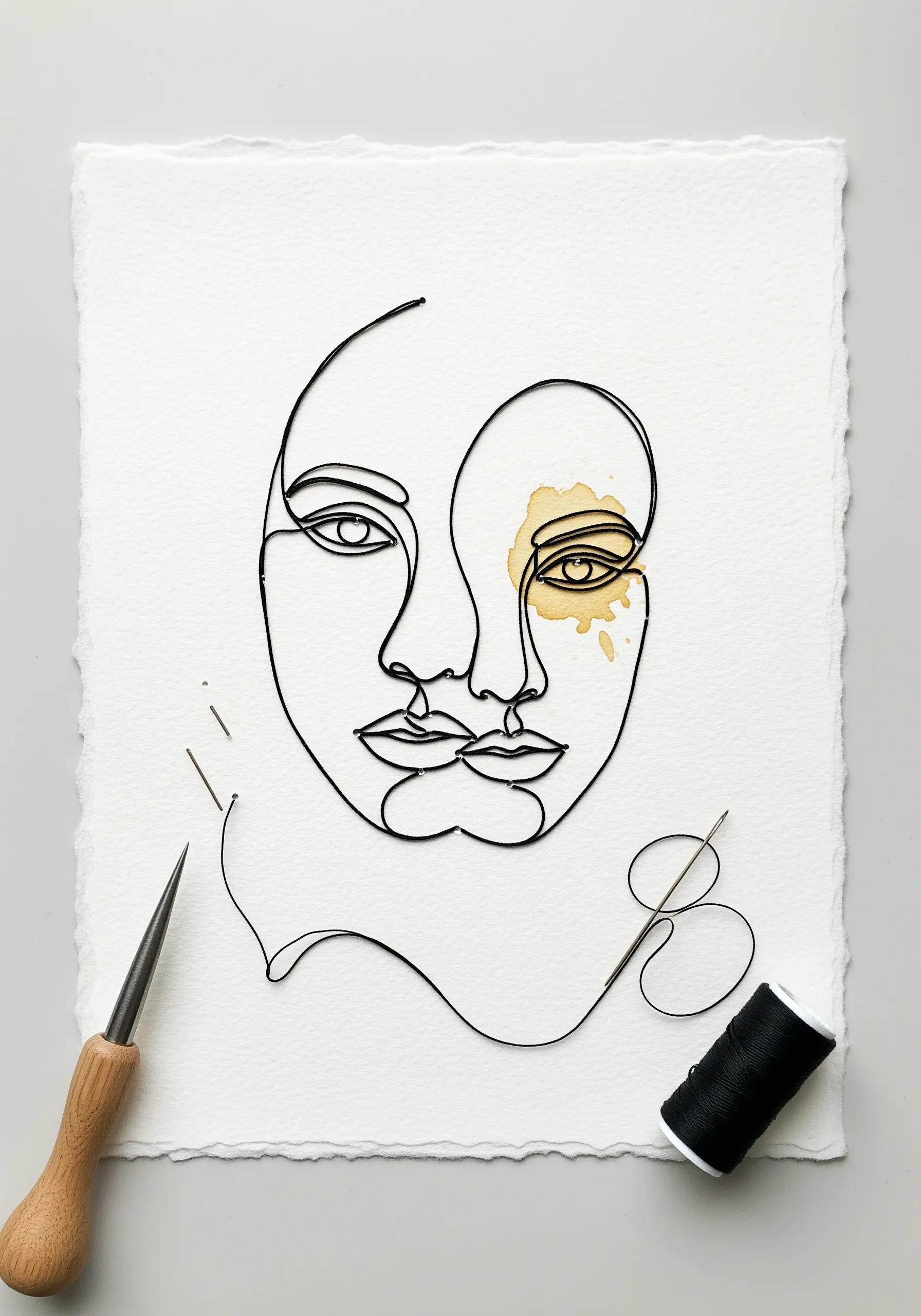 A minimal line art portrait made with black thread couched onto watercolor paper with a coffee stain.
