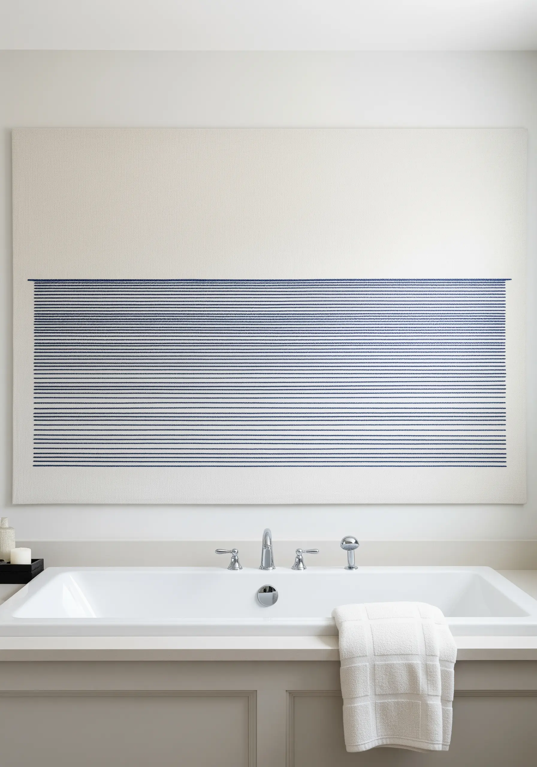 A large canvas with a band of horizontal blue stitches creating a minimalist seascape.