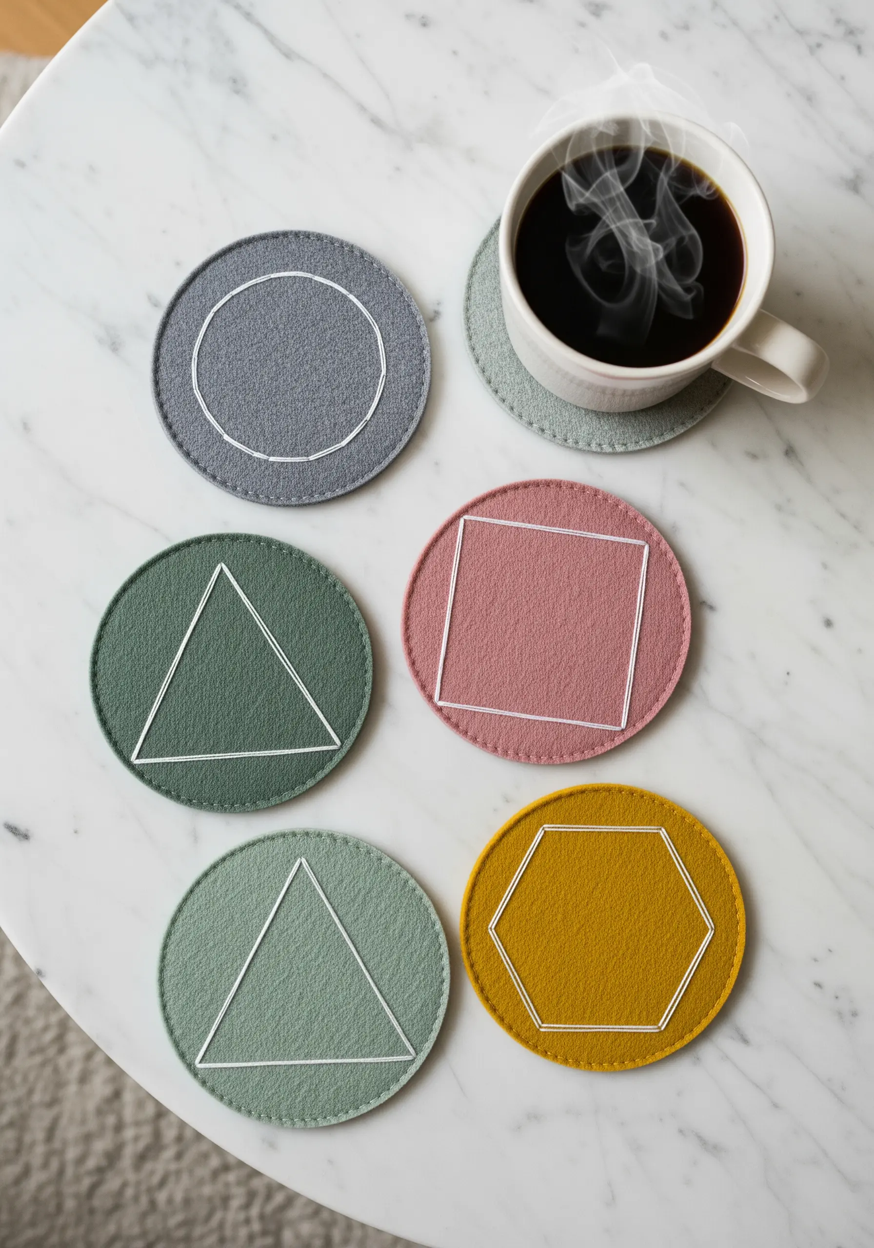 A set of colorful felt coasters, each with a simple geometric shape stitched in white.