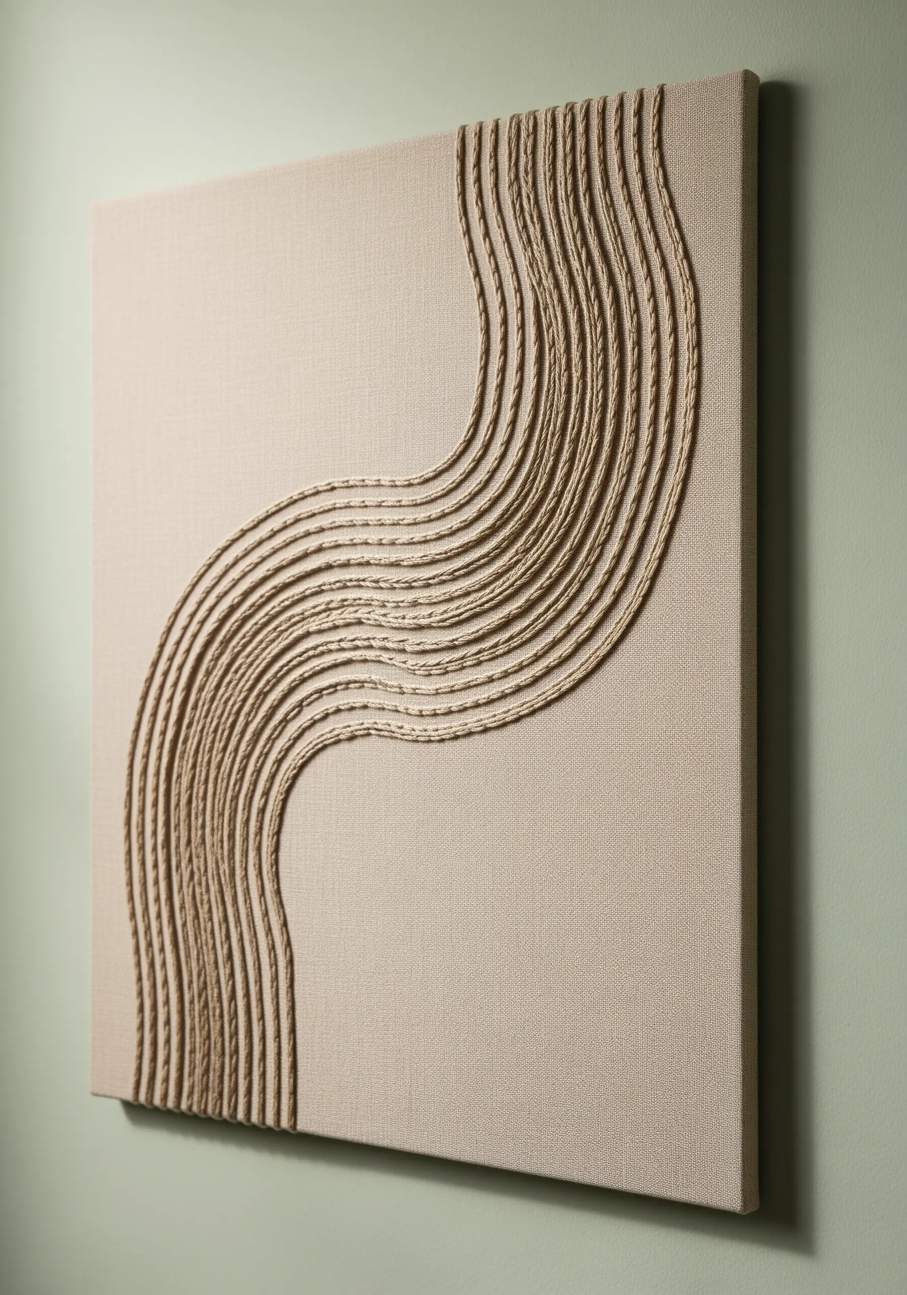 A minimalist wall art piece with wavy lines of couched rope on a neutral canvas.