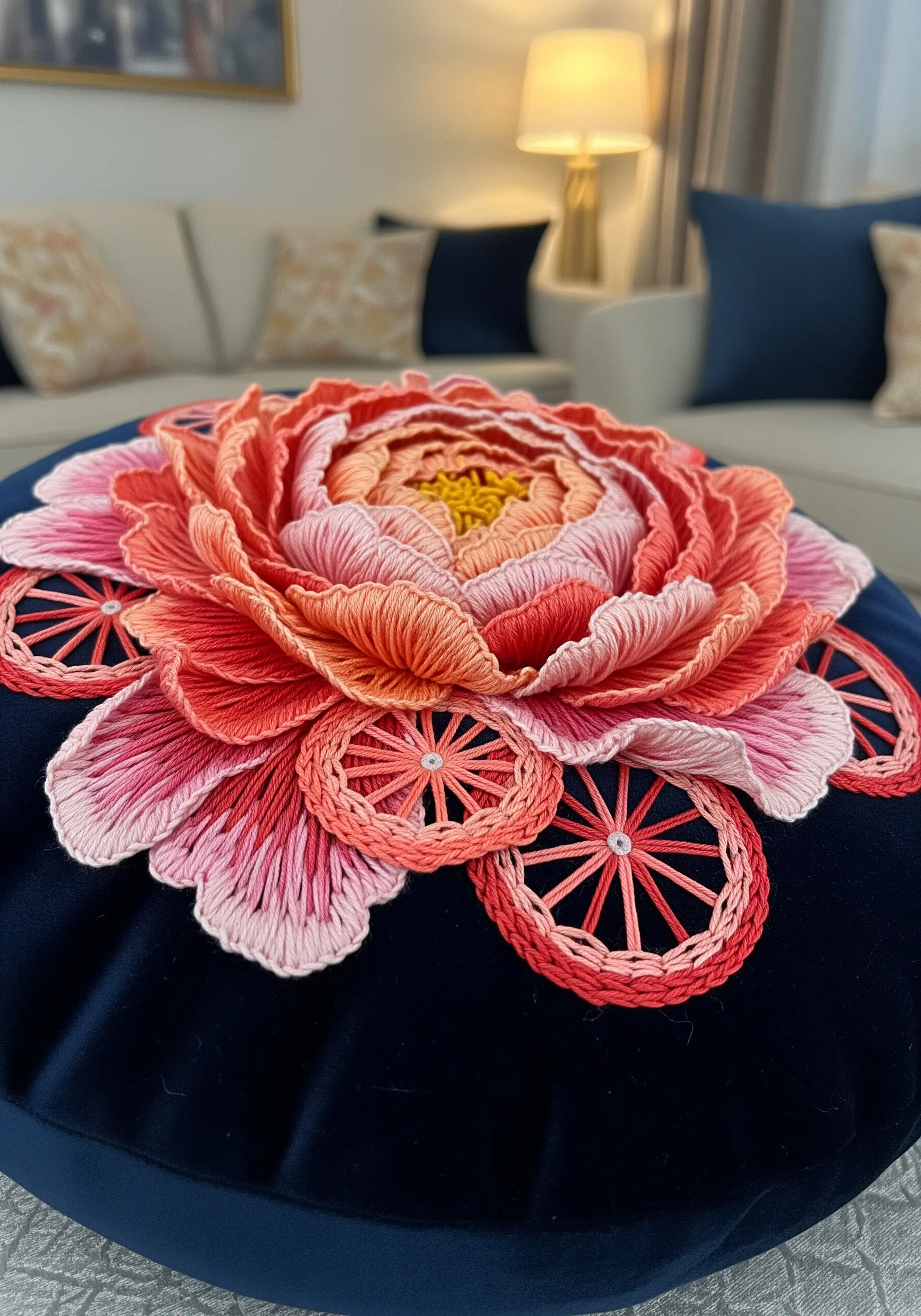 A stylized peony combining thread painting with graphic woven wheel stitches on a navy cushion.