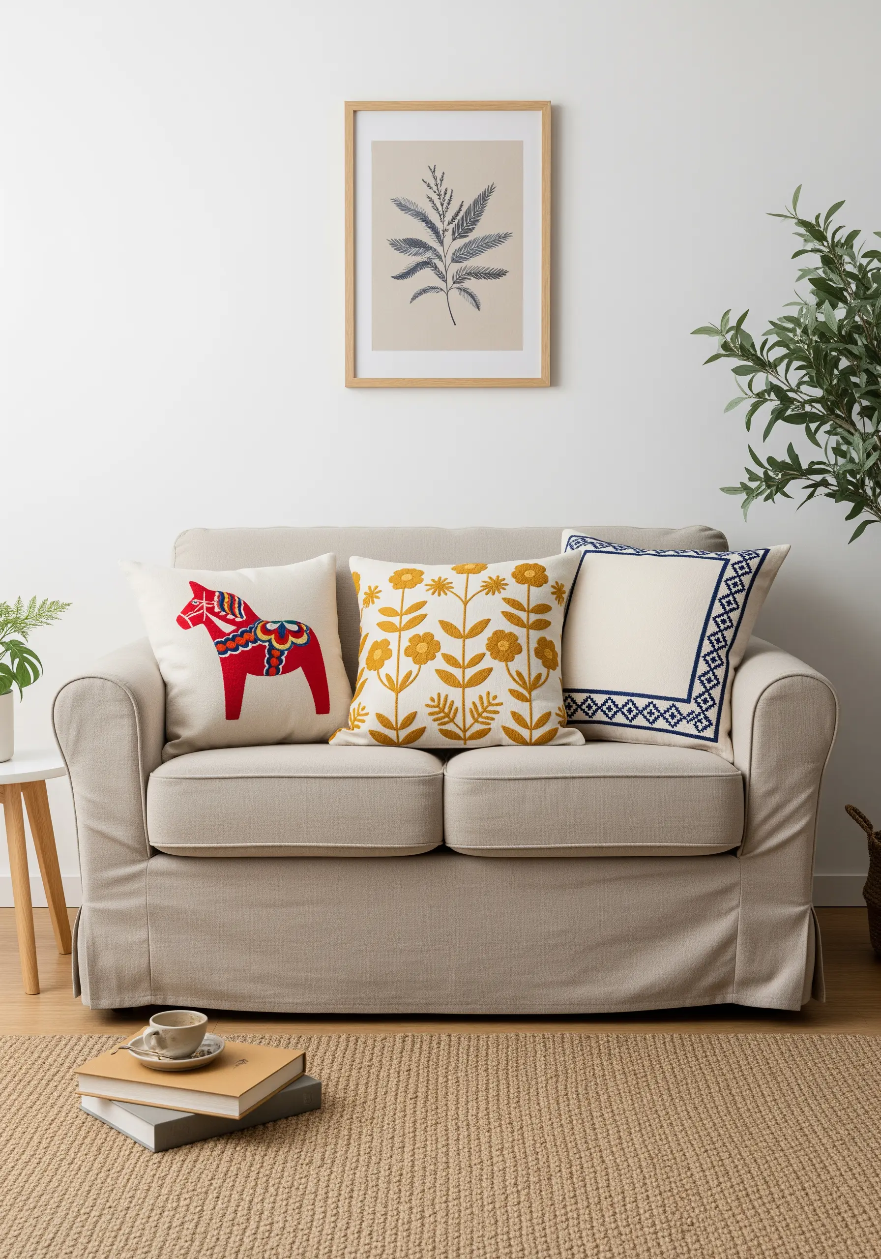 Three embroidered cushions on a sofa, with a red Dala horse and floral folk art.