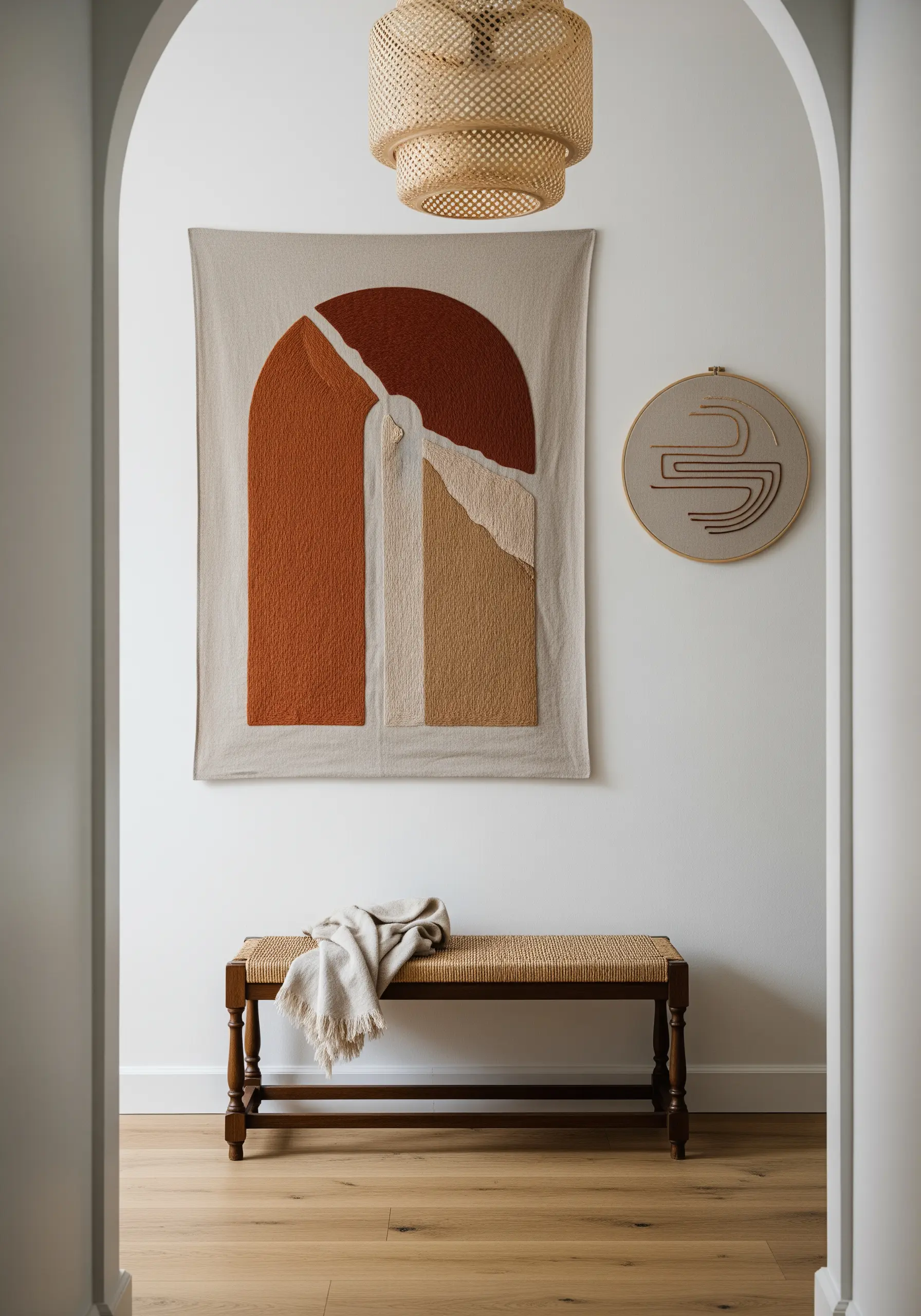 A wall display featuring a large textile hanging with abstract shapes and a small, complementary embroidery hoop.