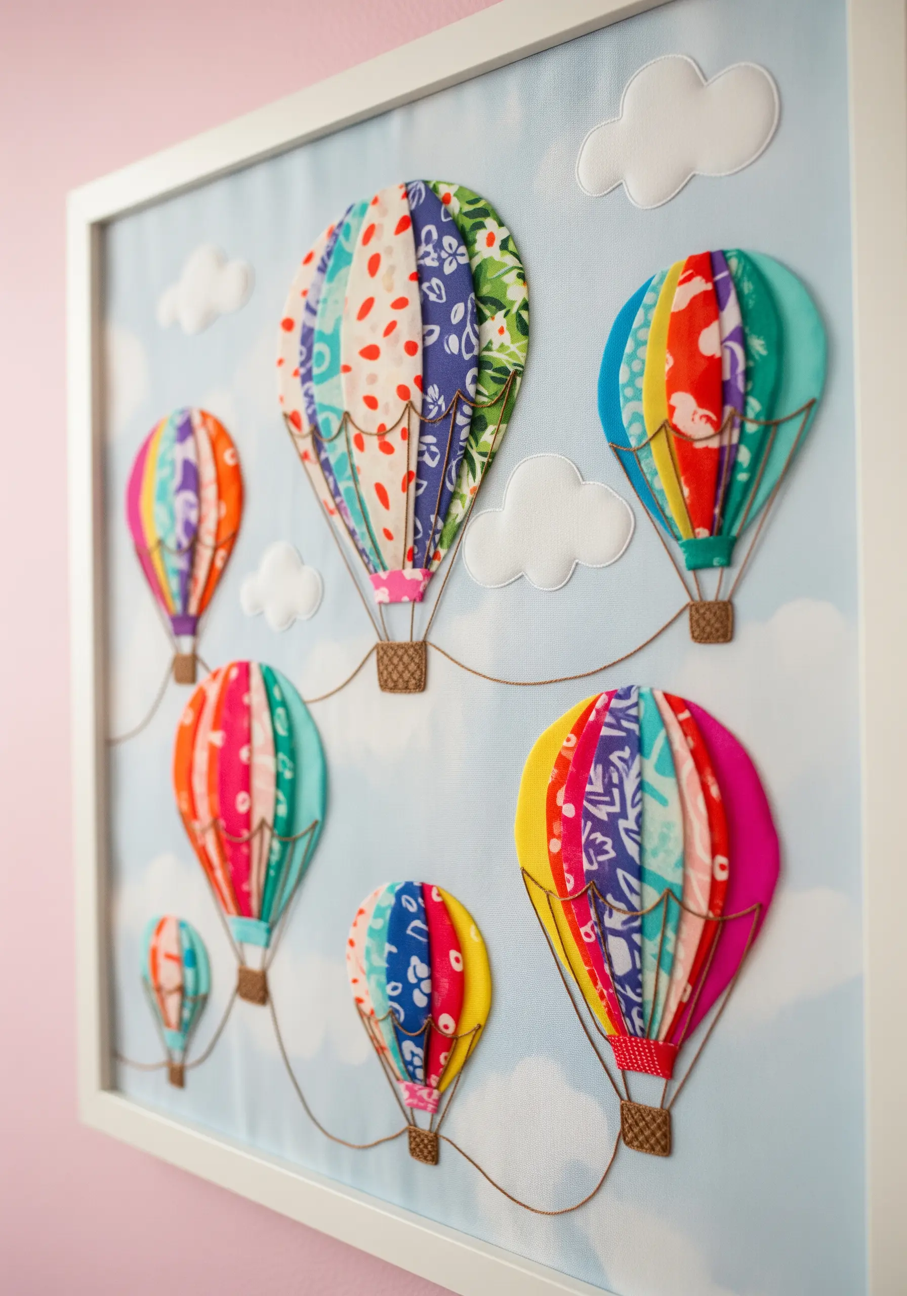Framed fabric art of colorful hot air balloons, some made with patterned fabric and some with sheer overlays.