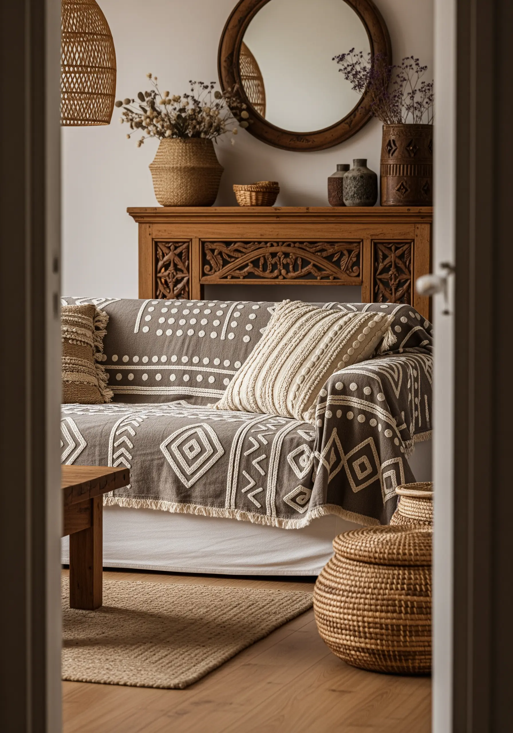 A bohemian-style throw with varied geometric patterns using different stitch textures.