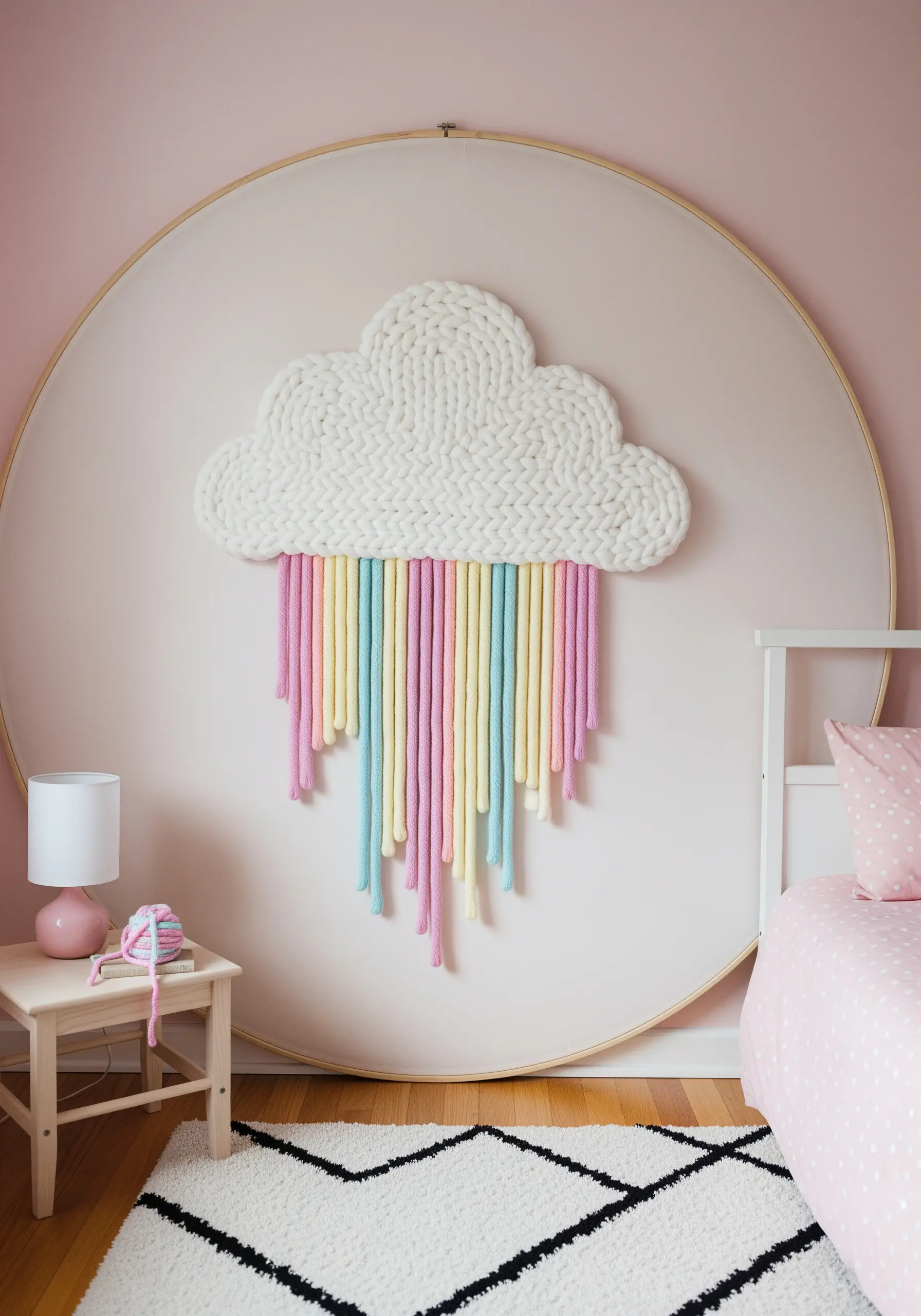 A large wall hanging with a chunky knit cloud and pastel yarn rainbow rain.