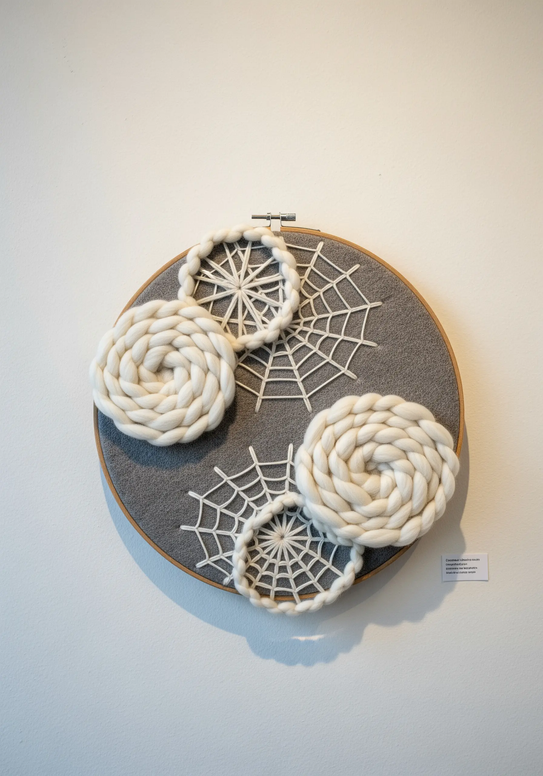 Hoop art combining woven spiderwebs with chunky, coiled wool roving on grey felt.
