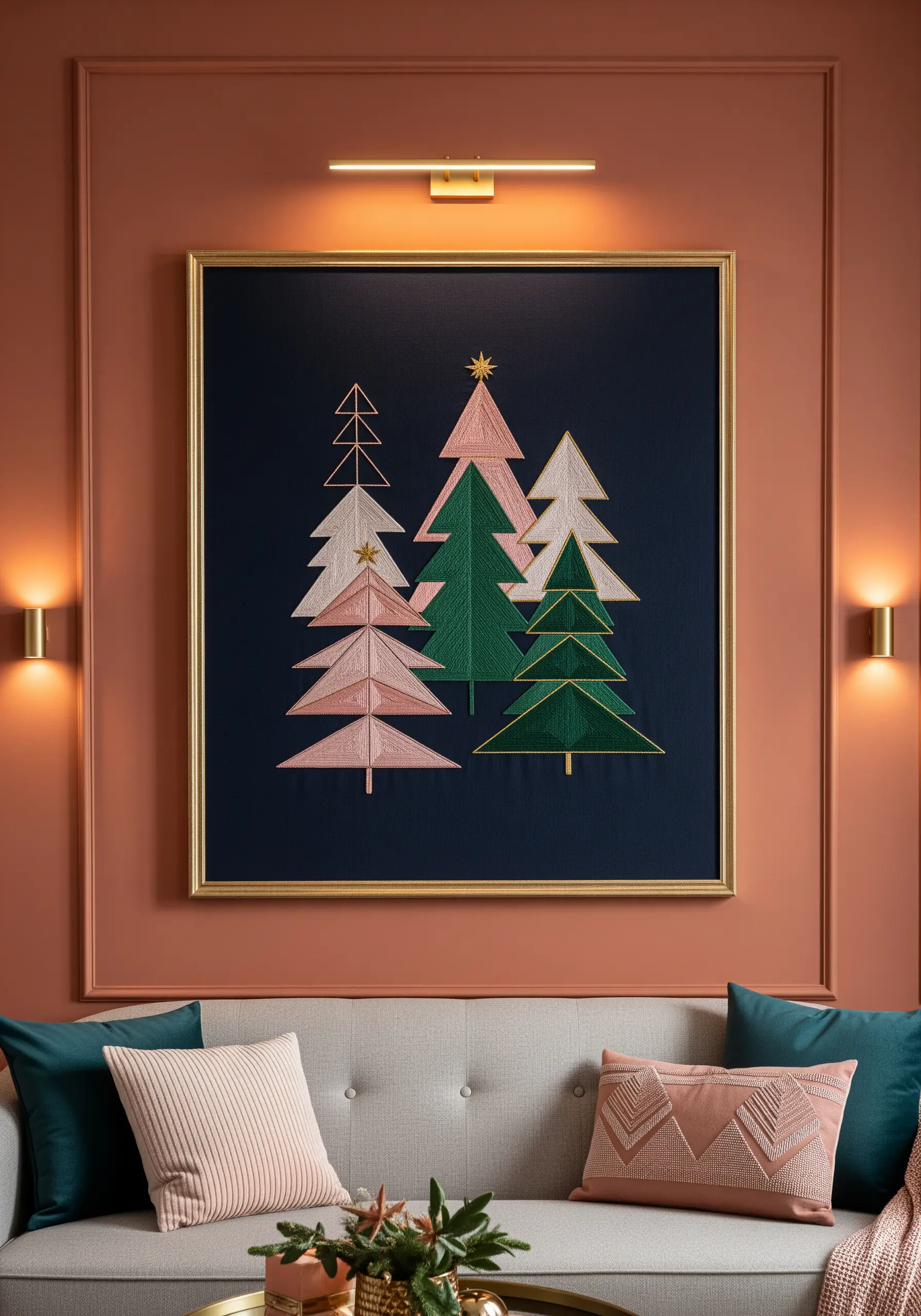 Framed embroidery of geometric Christmas trees in pink, green, and white on a dark background.