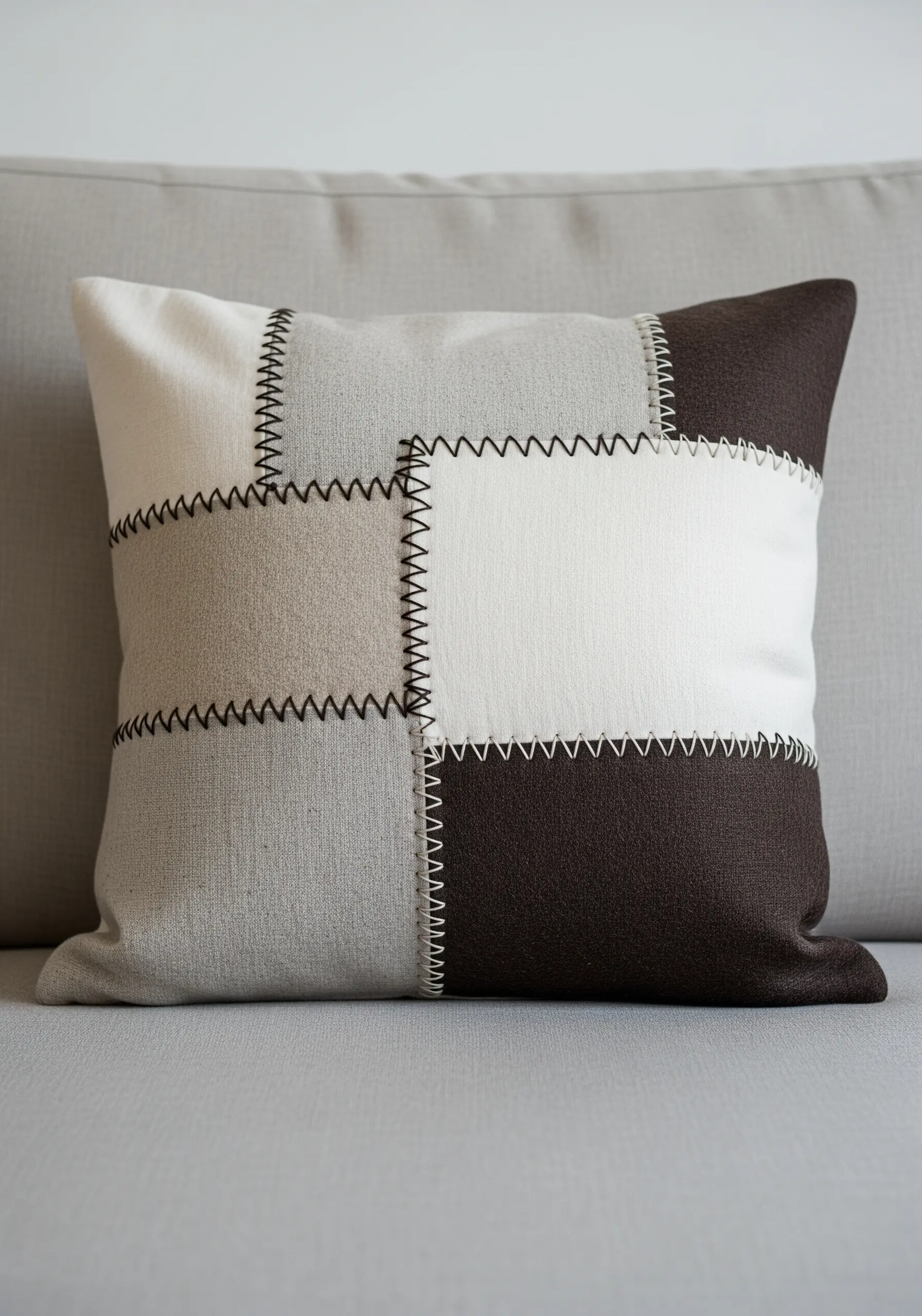 A patchwork pillow in neutral tones of cream, grey, and brown joined with a black zigzag stitch.