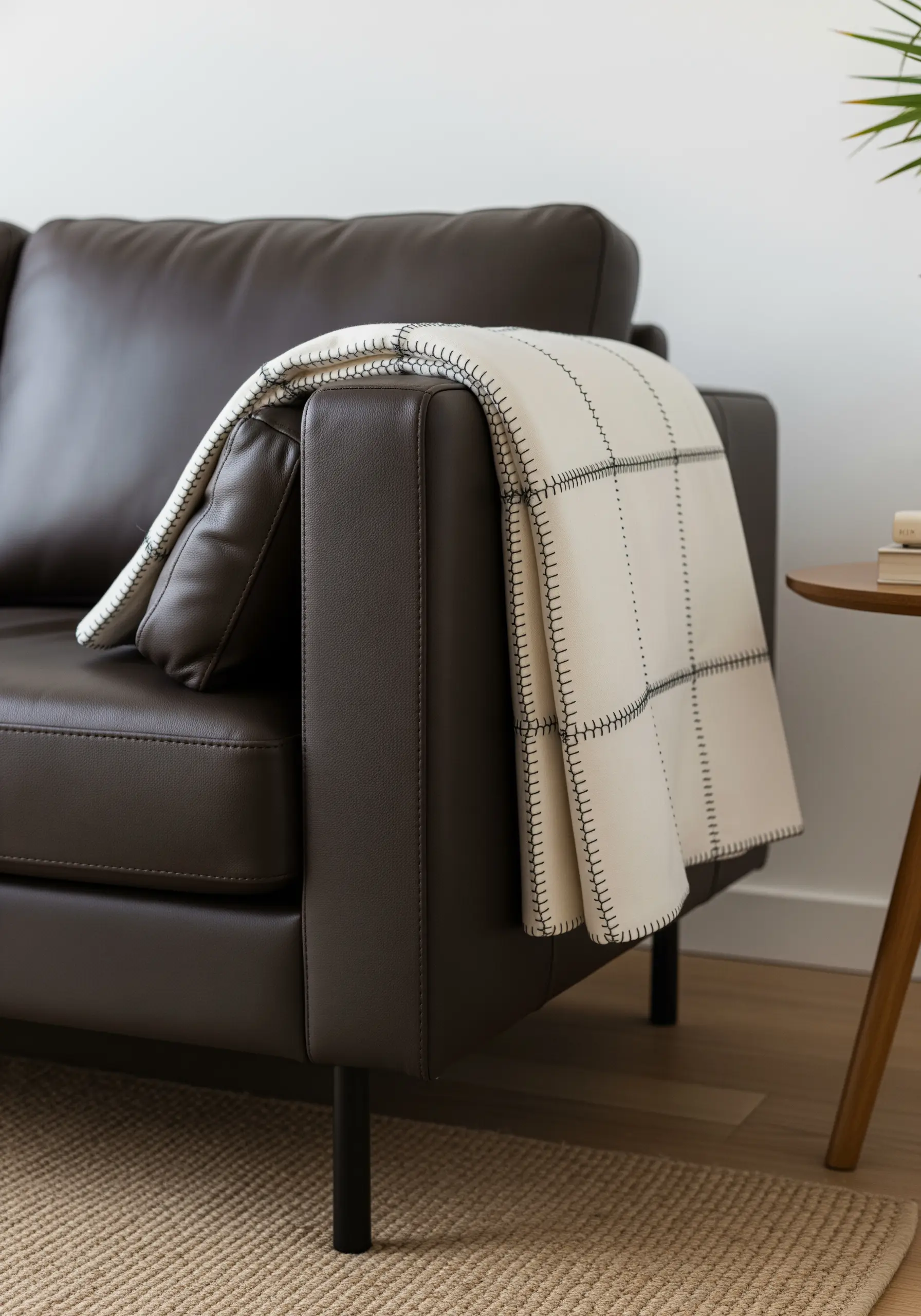 Cream-colored wool blanket with a grid pattern created by a bold black blanket stitch.