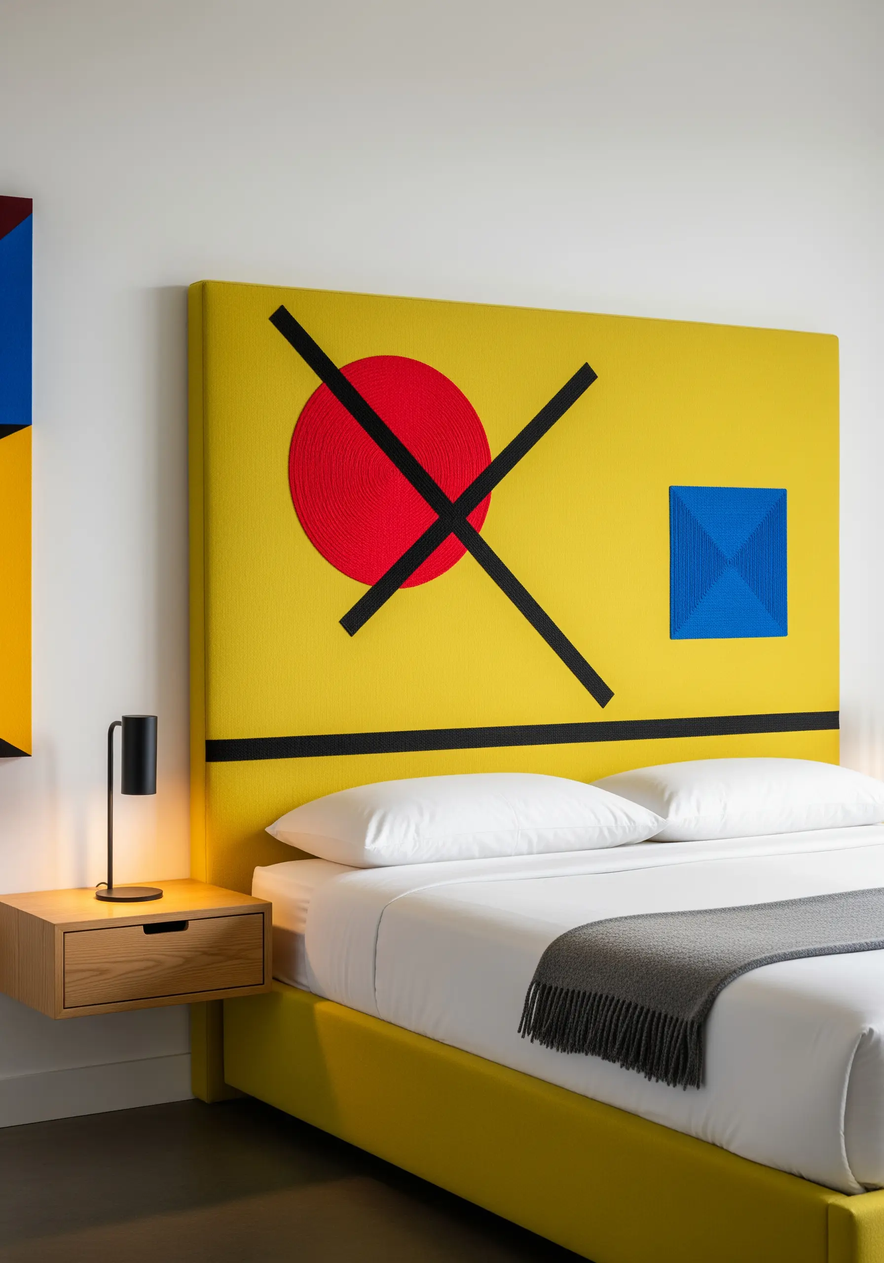 A bright yellow headboard with abstract geometric shapes in red, blue, and black.