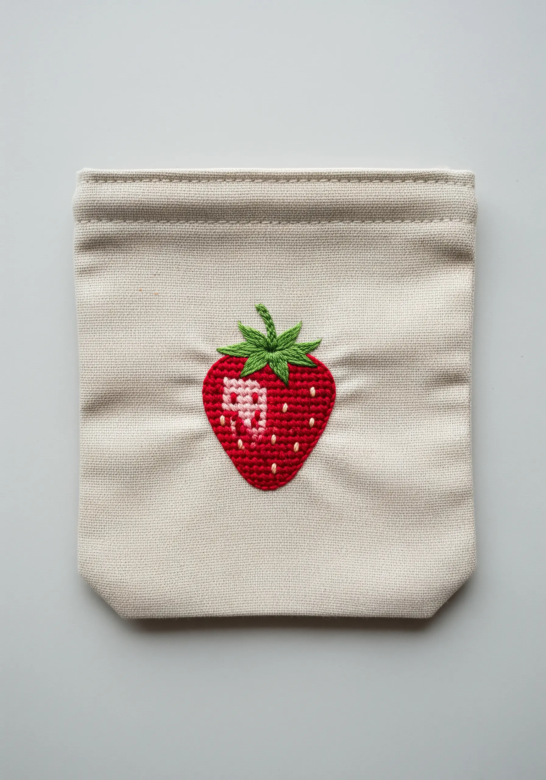 Cross-stitched strawberry with negative space details on a small canvas pouch.