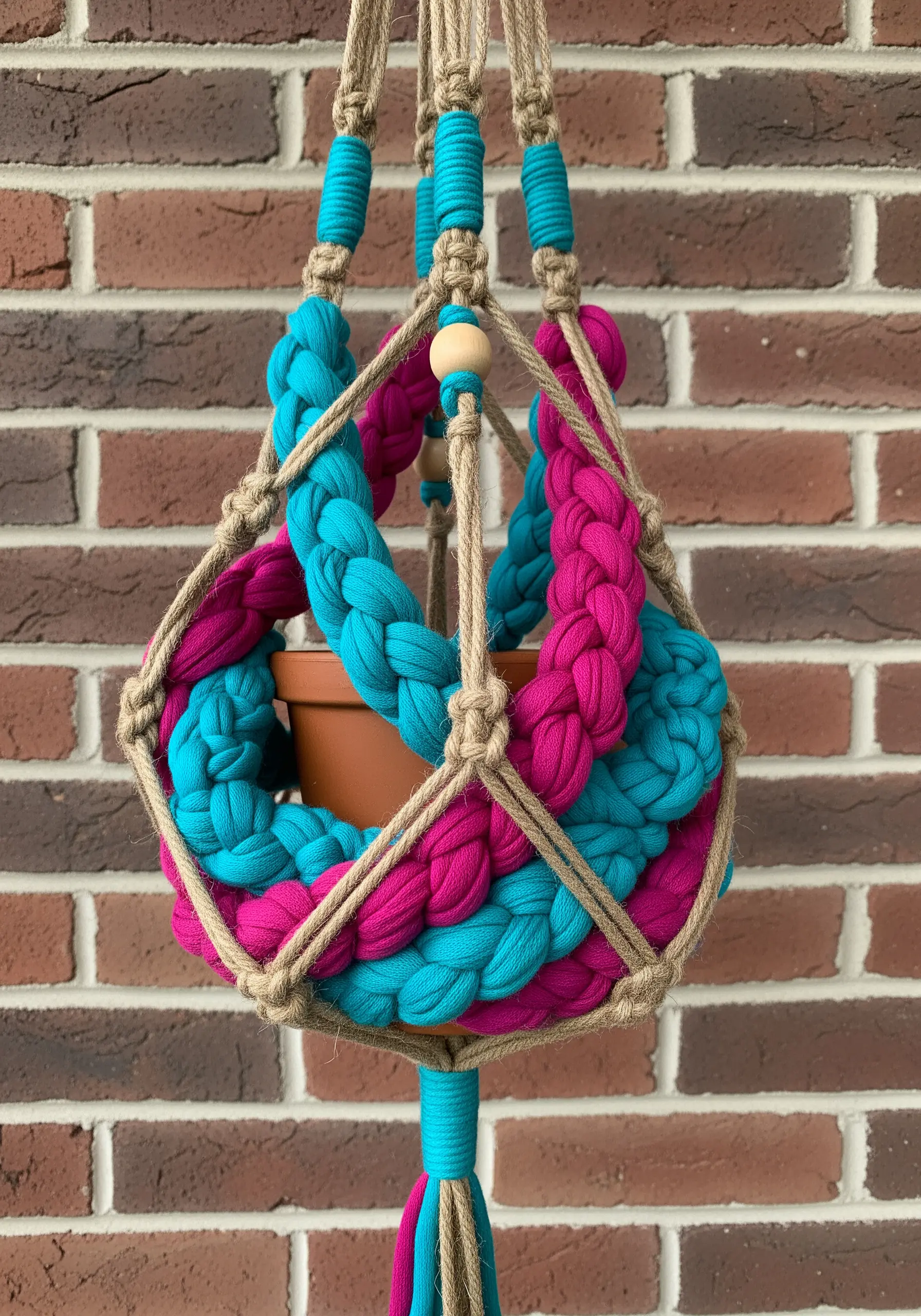 A macrame plant hanger made from thick, braided pink and blue jersey yarn and natural jute.