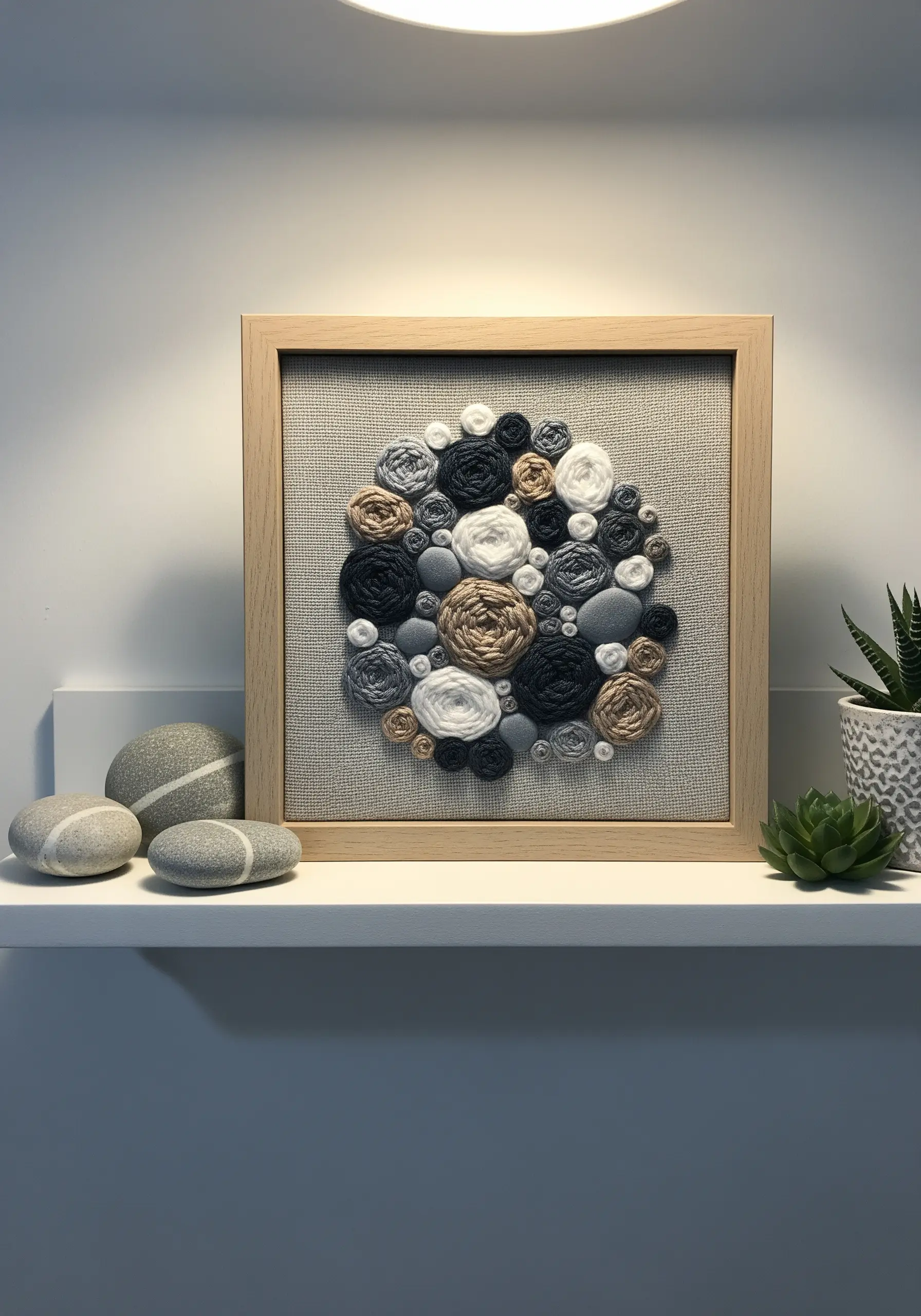 Framed embroidery with 3D woven wheel roses and satin stitched stones in neutral tones.
