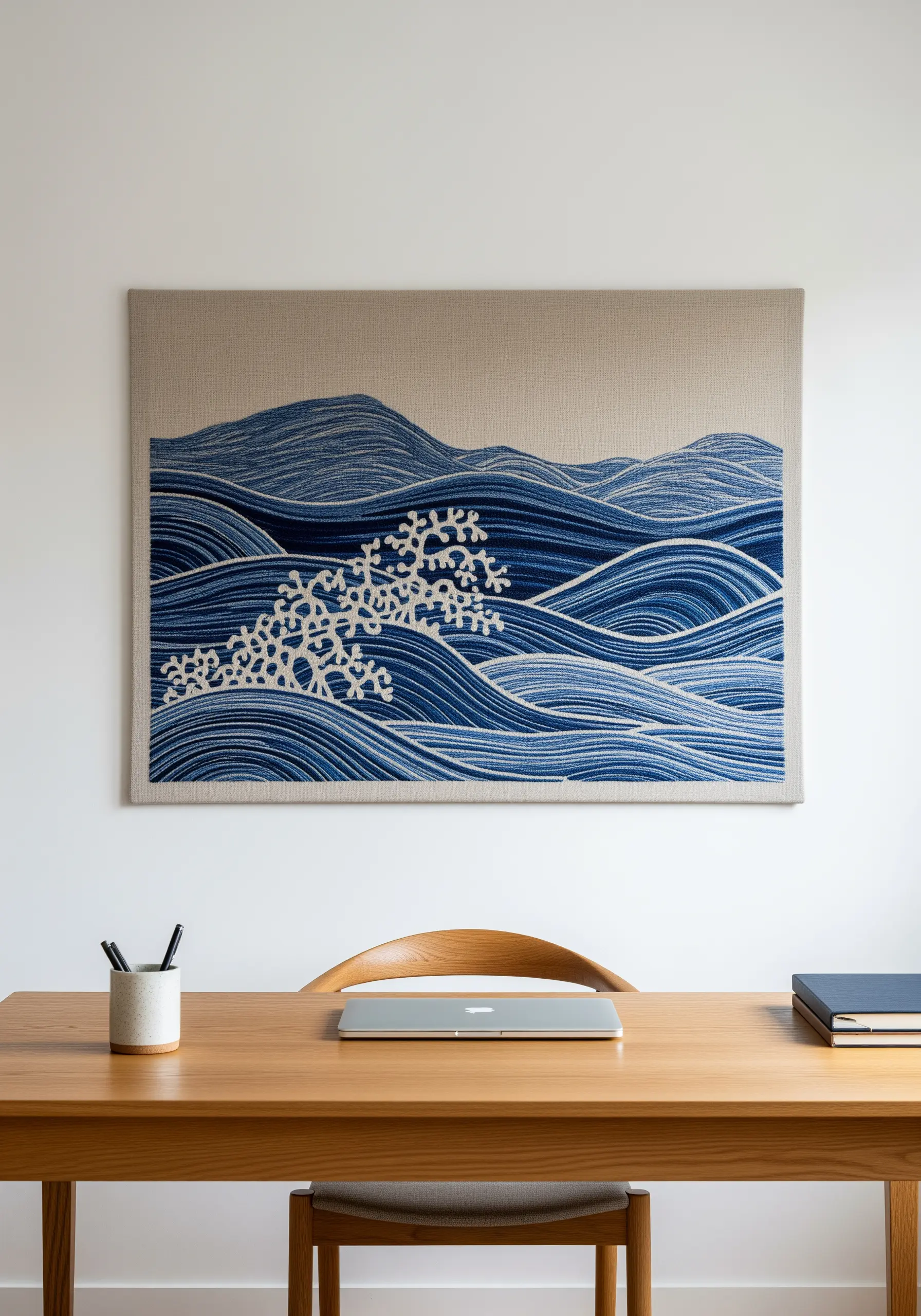 Embroidered tapestry of stylized blue and white waves hanging above a minimalist desk.