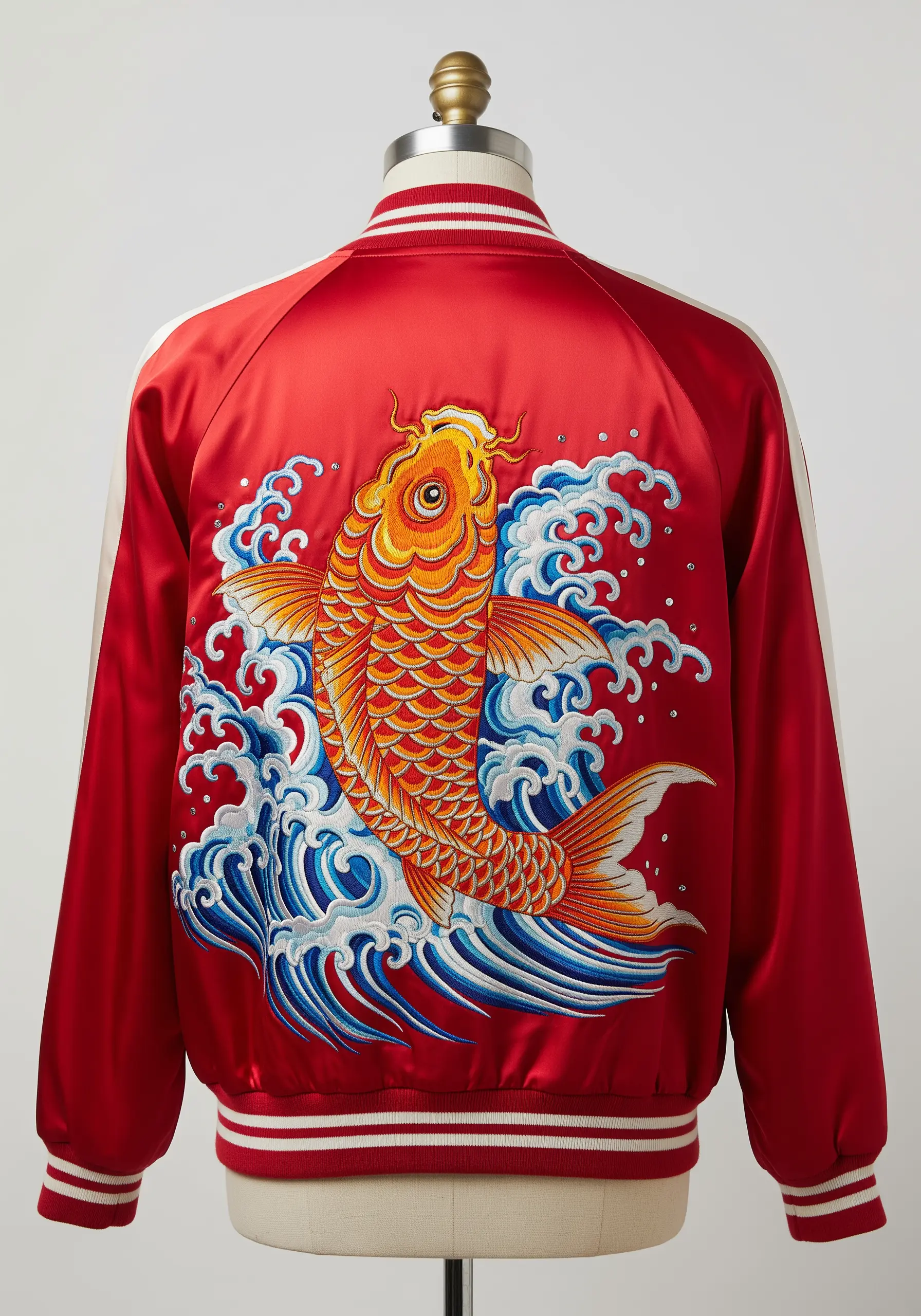 Embroidered Japanese koi fish with stylized waves on a red satin bomber jacket.