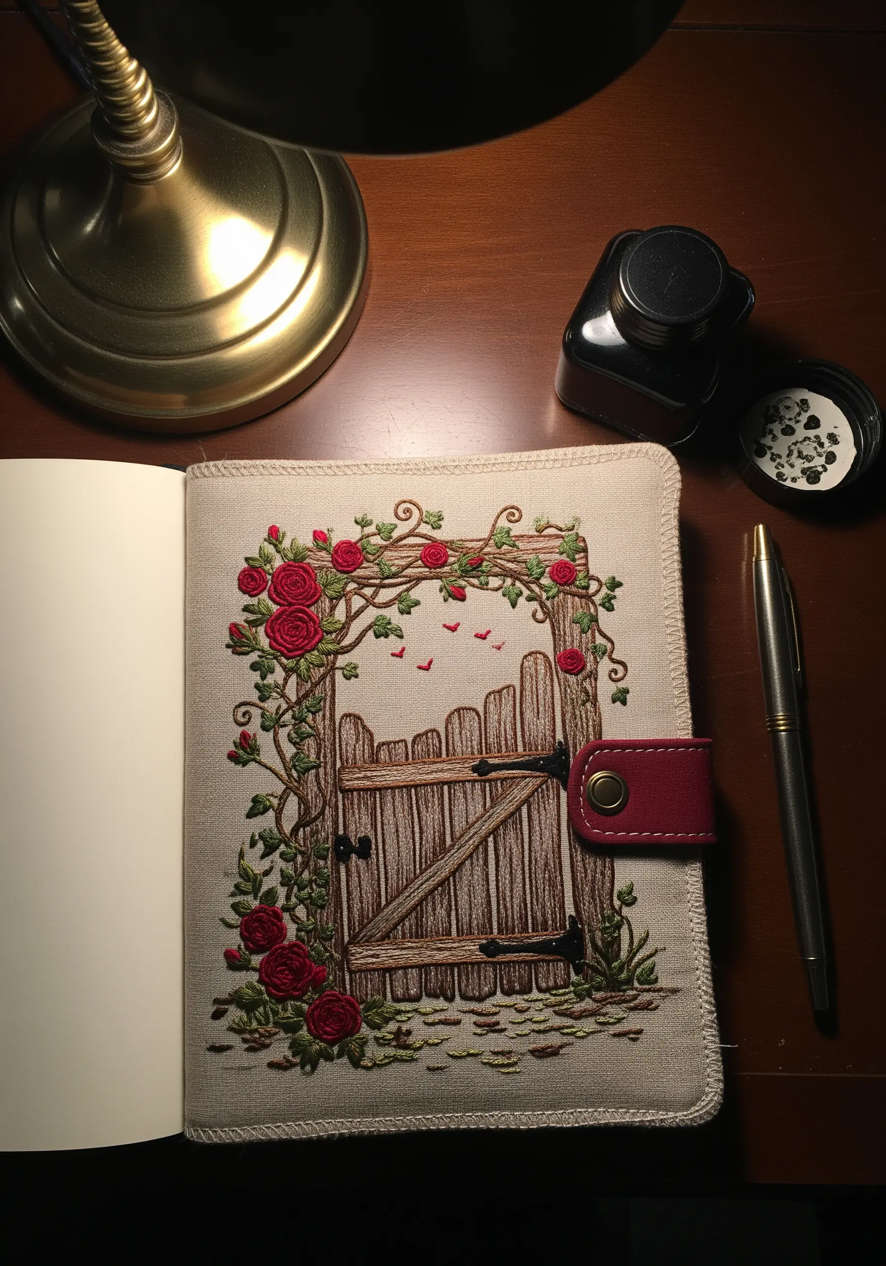 An embroidered journal cover featuring a rose-covered wooden gate scene.