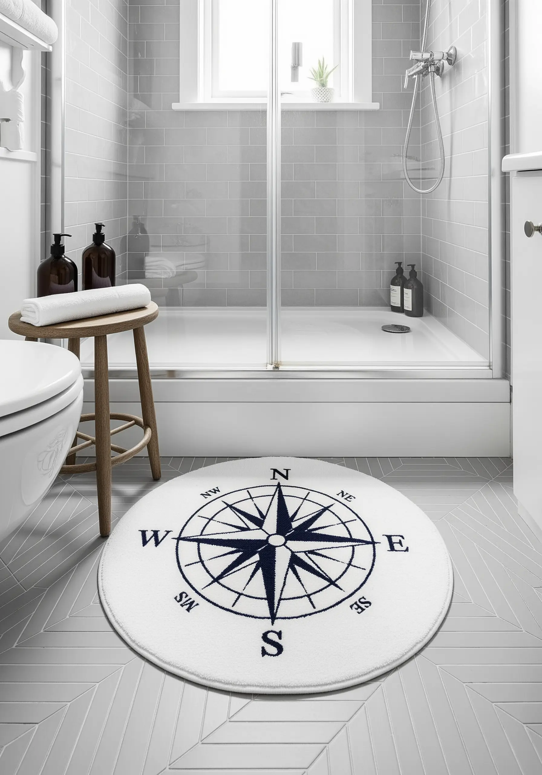 A round white bath mat with a large, navy blue embroidered compass rose design.