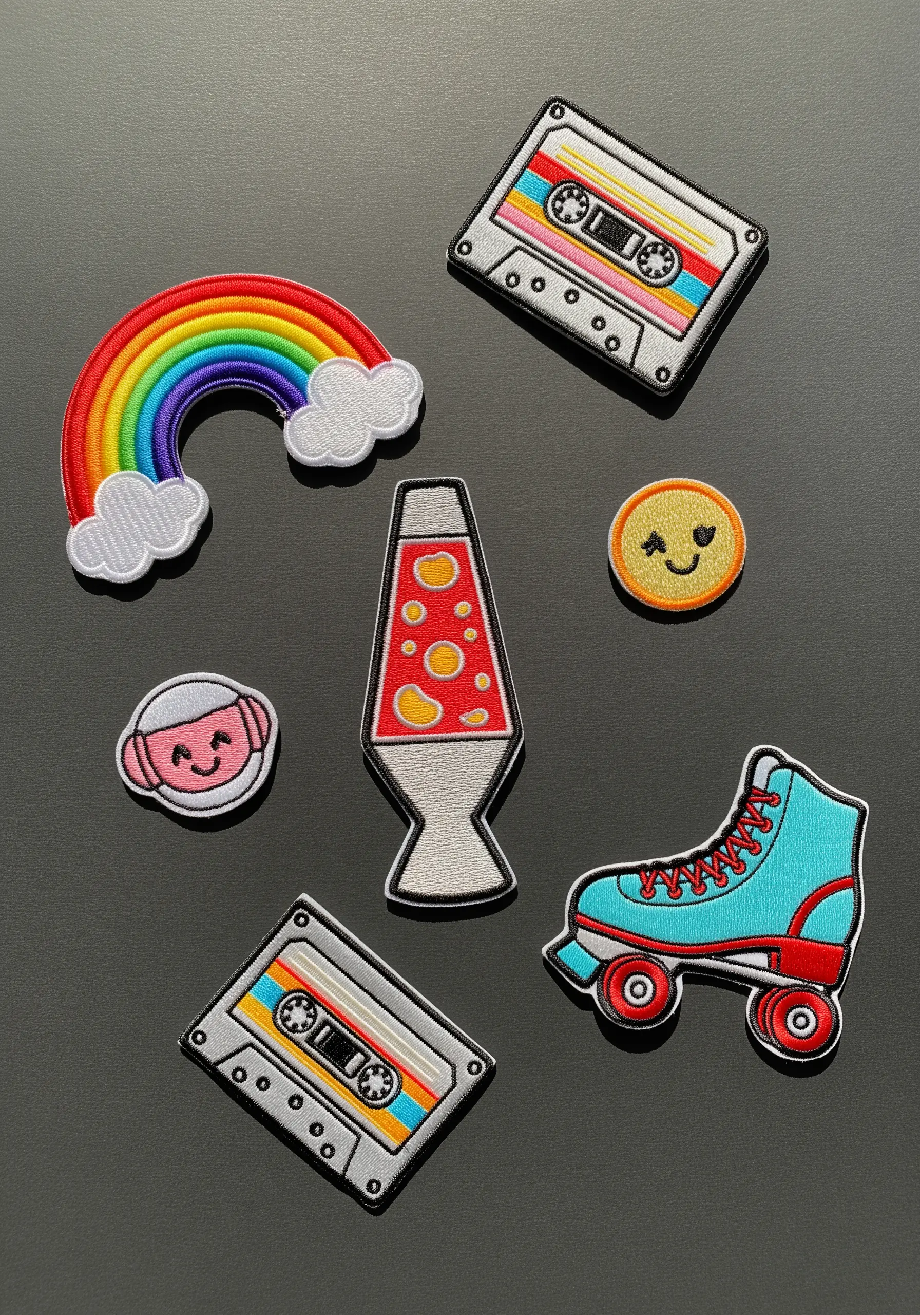 A collection of retro-themed embroidered patches, including a rainbow, cassette tape, and roller skate.