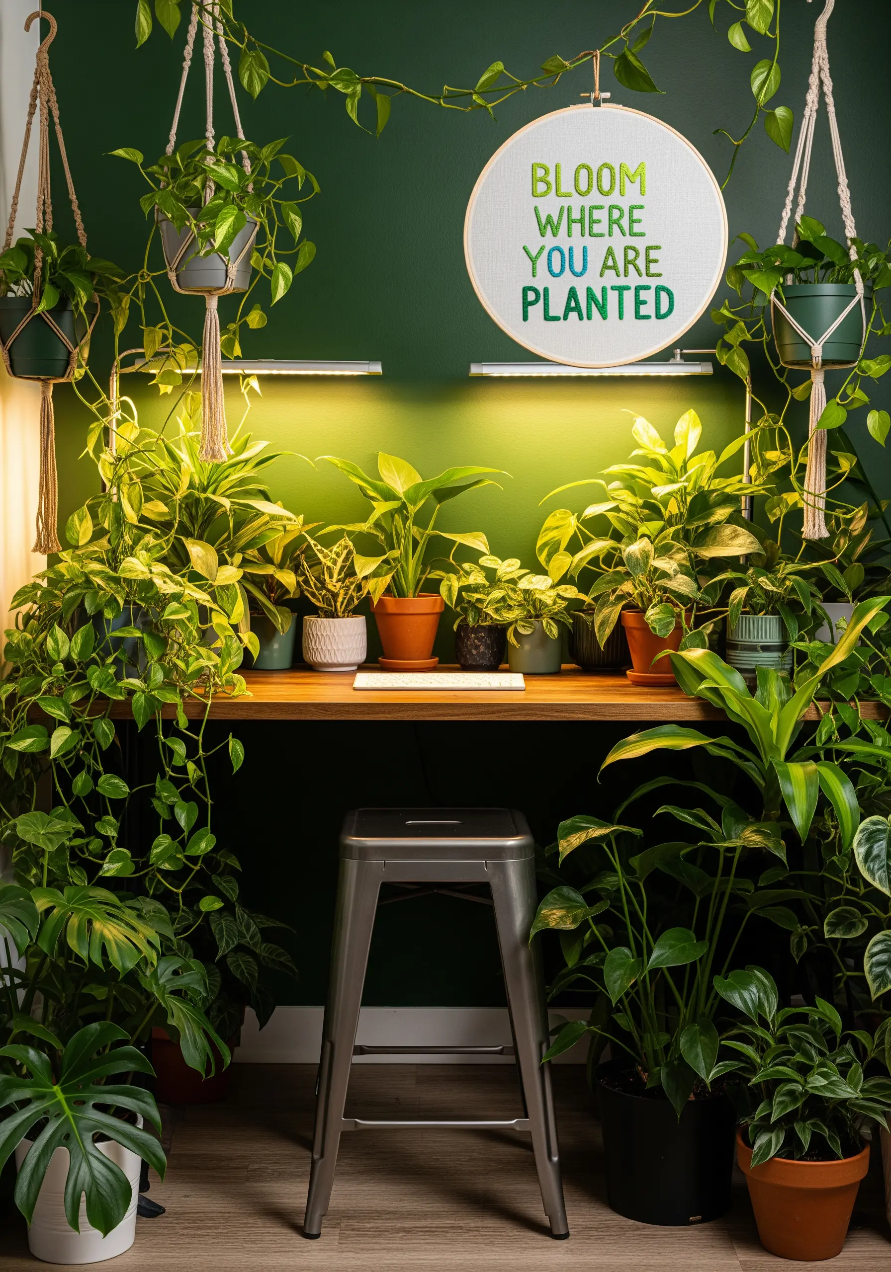 'Bloom Where You Are Planted' embroidered in a green gradient against a dark wall.