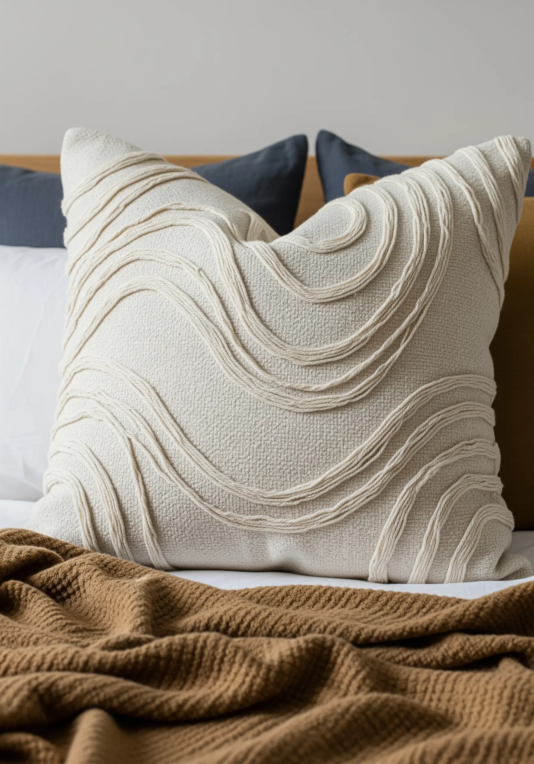An off-white textured pillow with wavy, organic lines created using couched cotton cord.