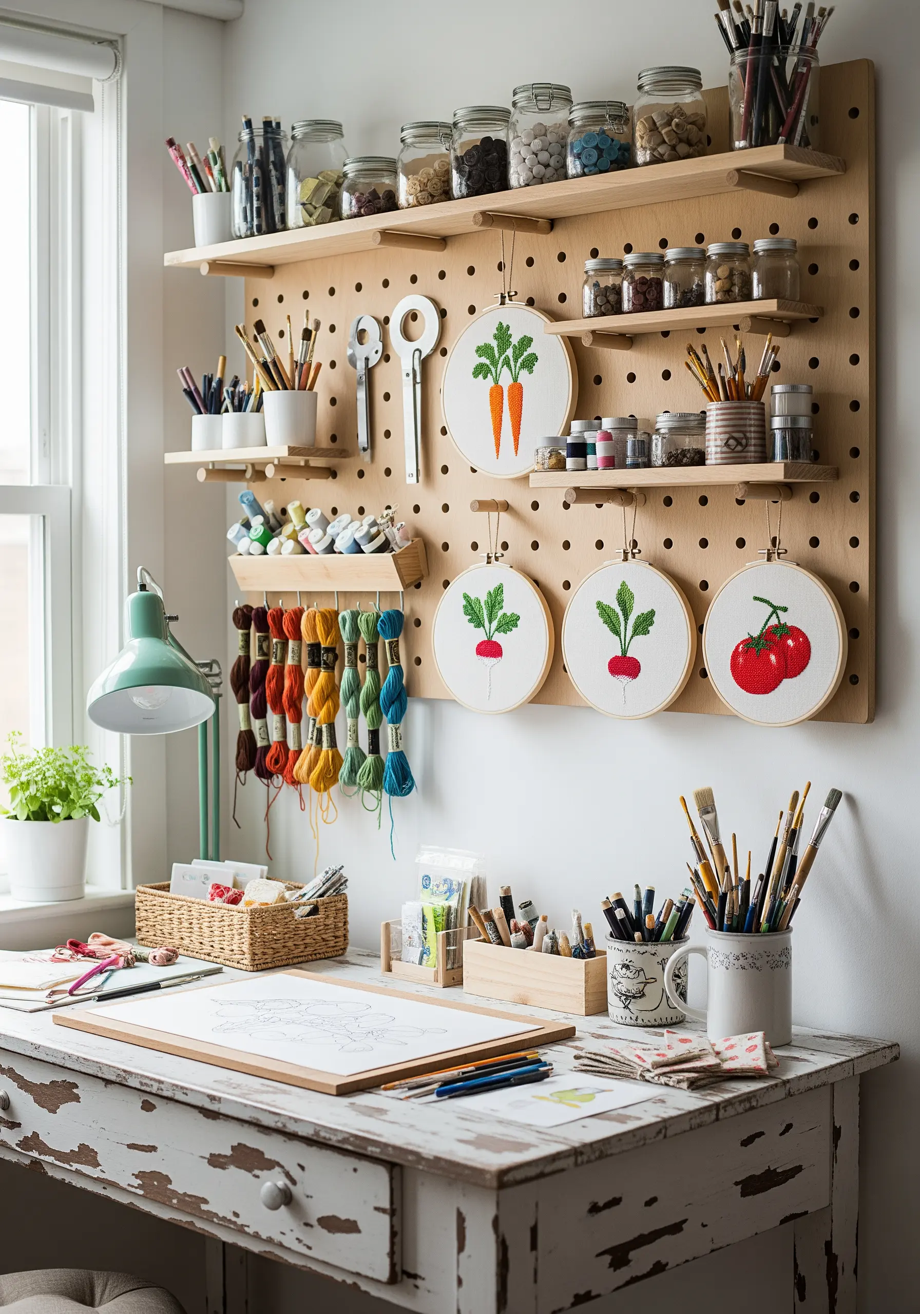 Embroidery hoops with vegetable designs—carrots, radishes, tomatoes—hanging on a craft room pegboard.