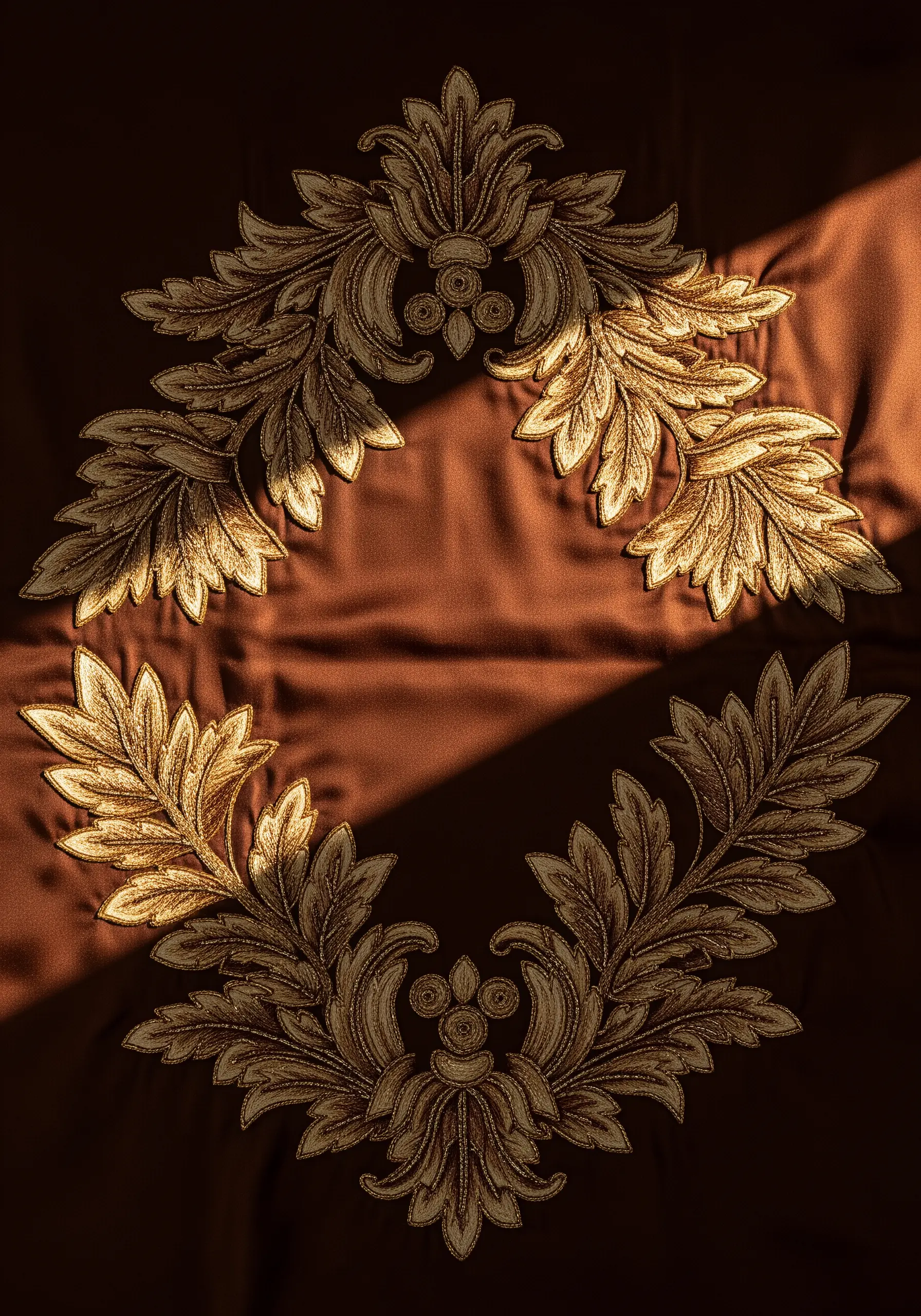 Ornate, raised goldwork embroidery of acanthus leaves on a rich brown satin textile.