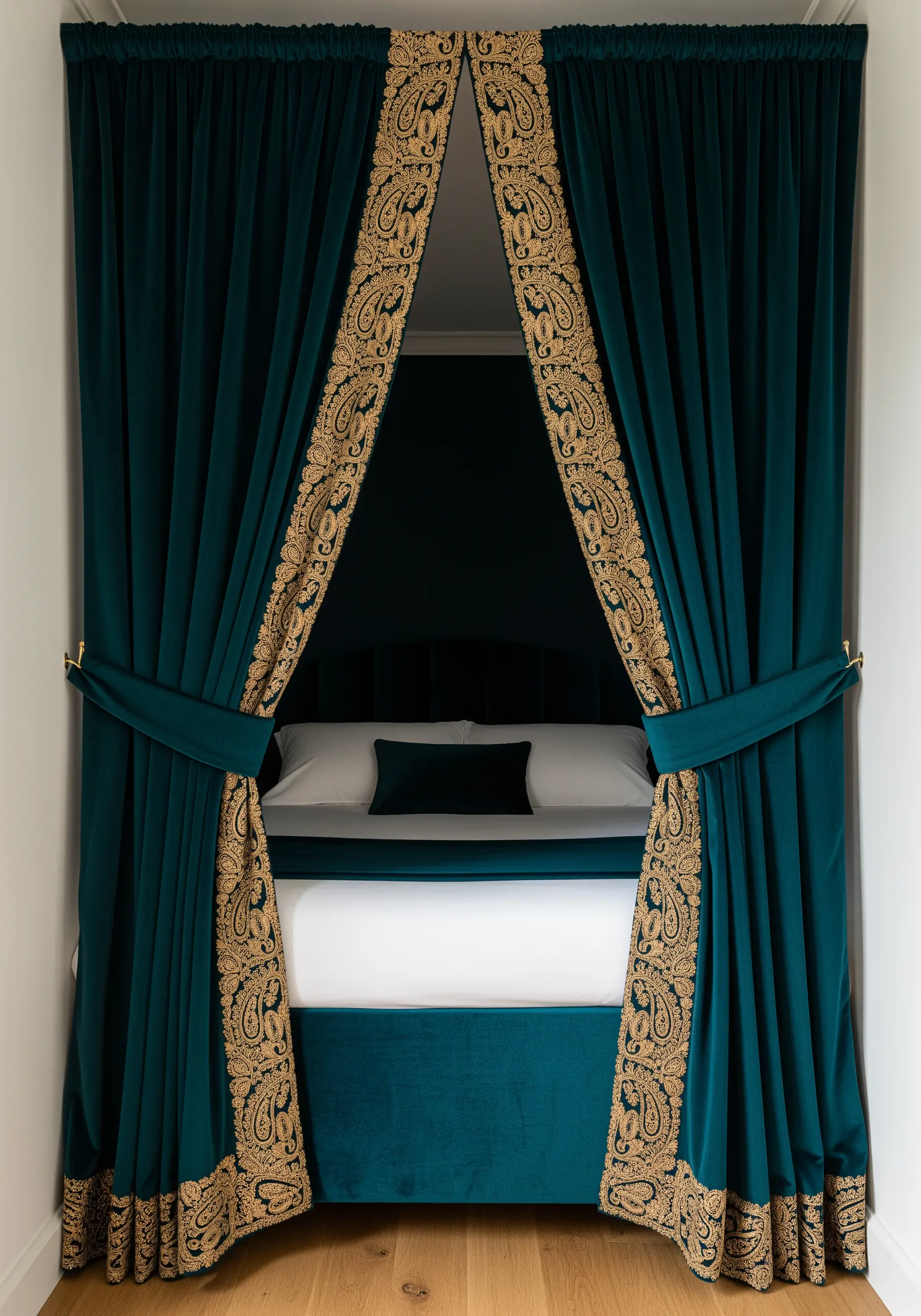Heavy teal velvet curtains with wide, ornately embroidered paisley borders in gold thread.