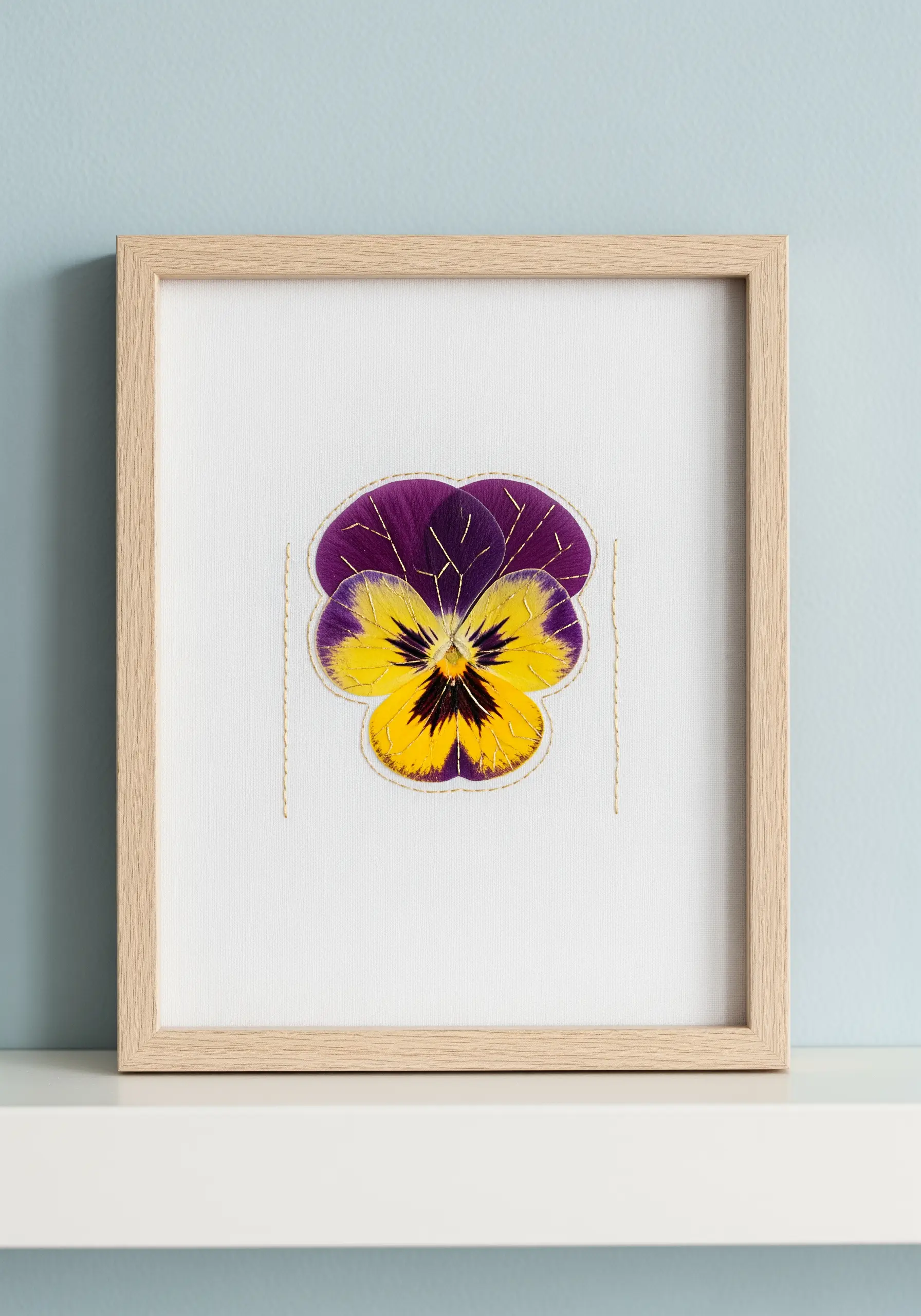 A pressed purple and yellow pansy outlined with delicate gold couching stitches and framed.