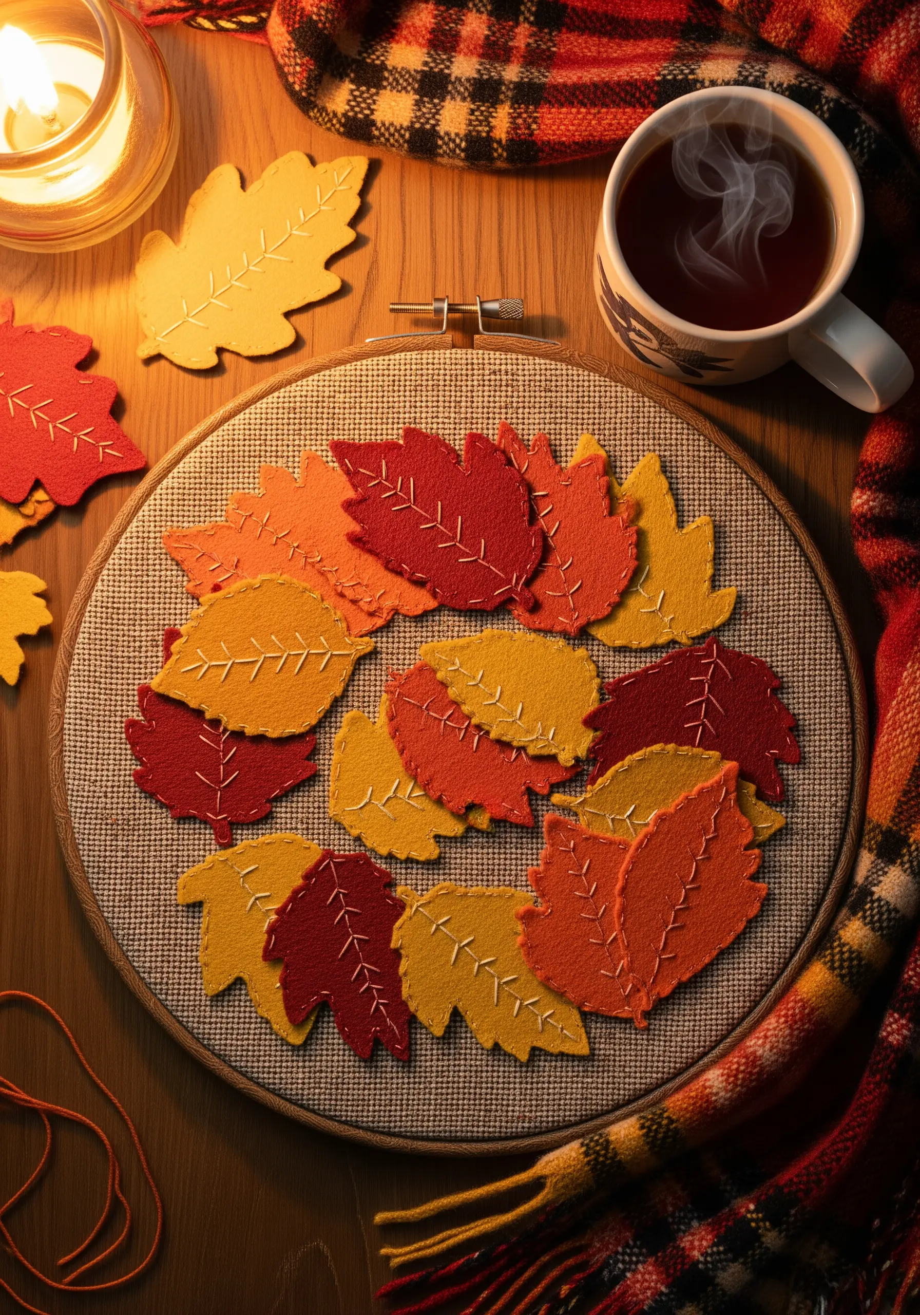 A circular arrangement of layered autumn-colored felt leaves with simple stitch details.