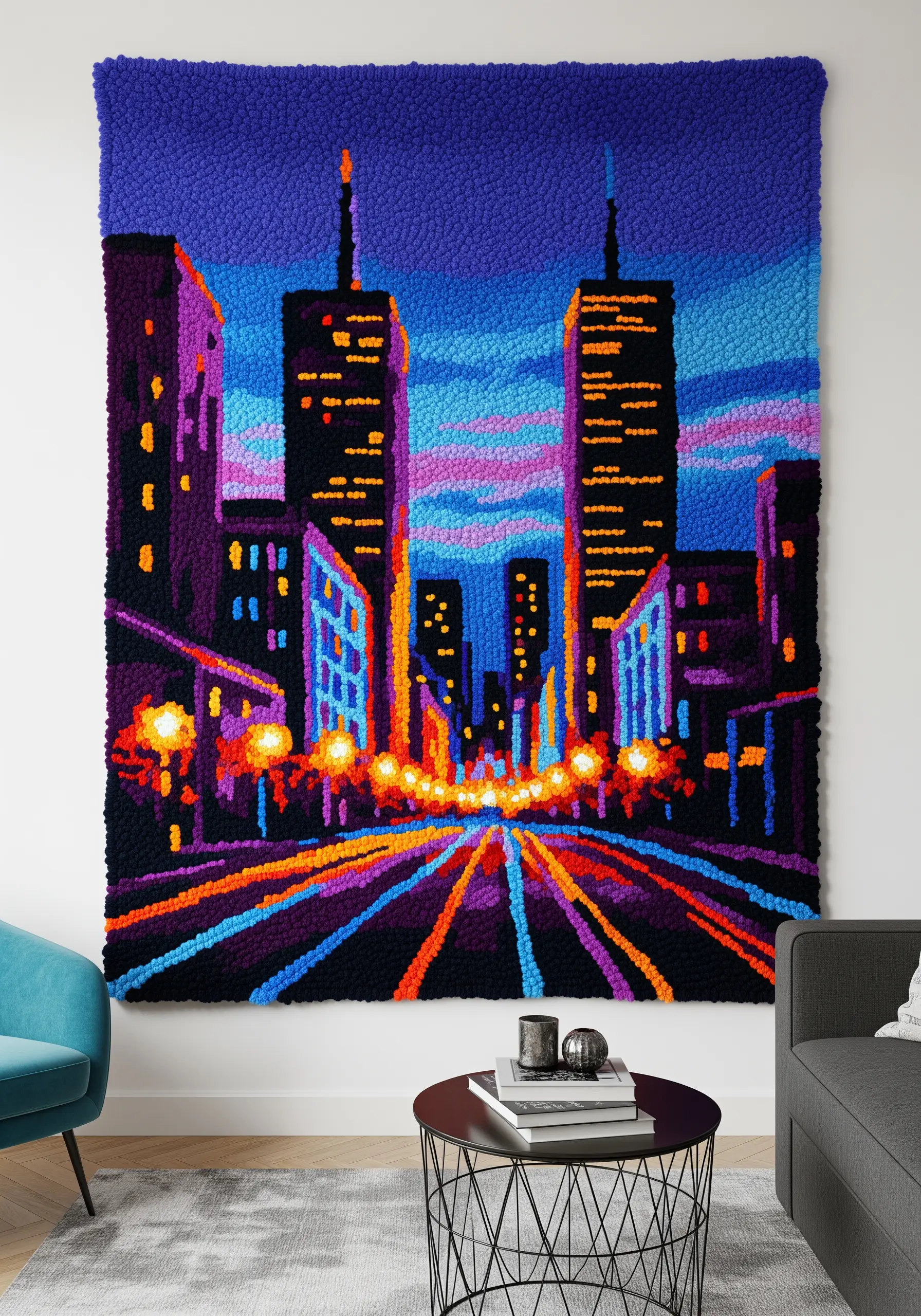 A very large punch needle tapestry of a vibrant city street at night, full of bright colors.