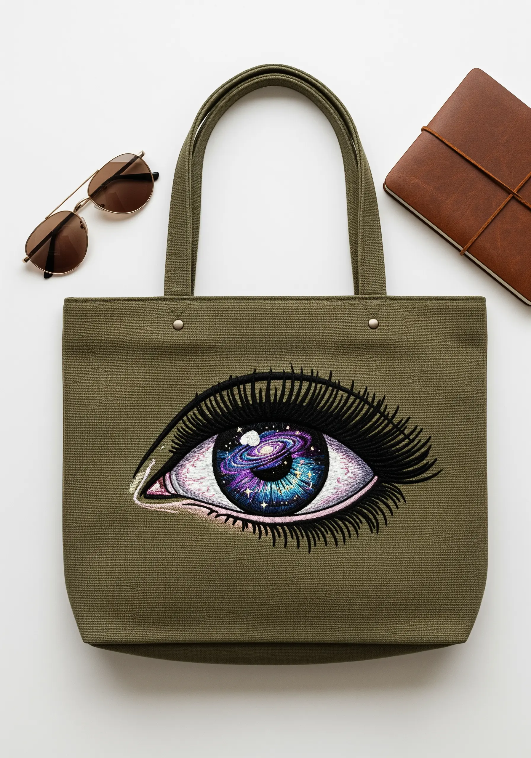 Thread-painted eye with a colorful galaxy in the iris on an olive green tote