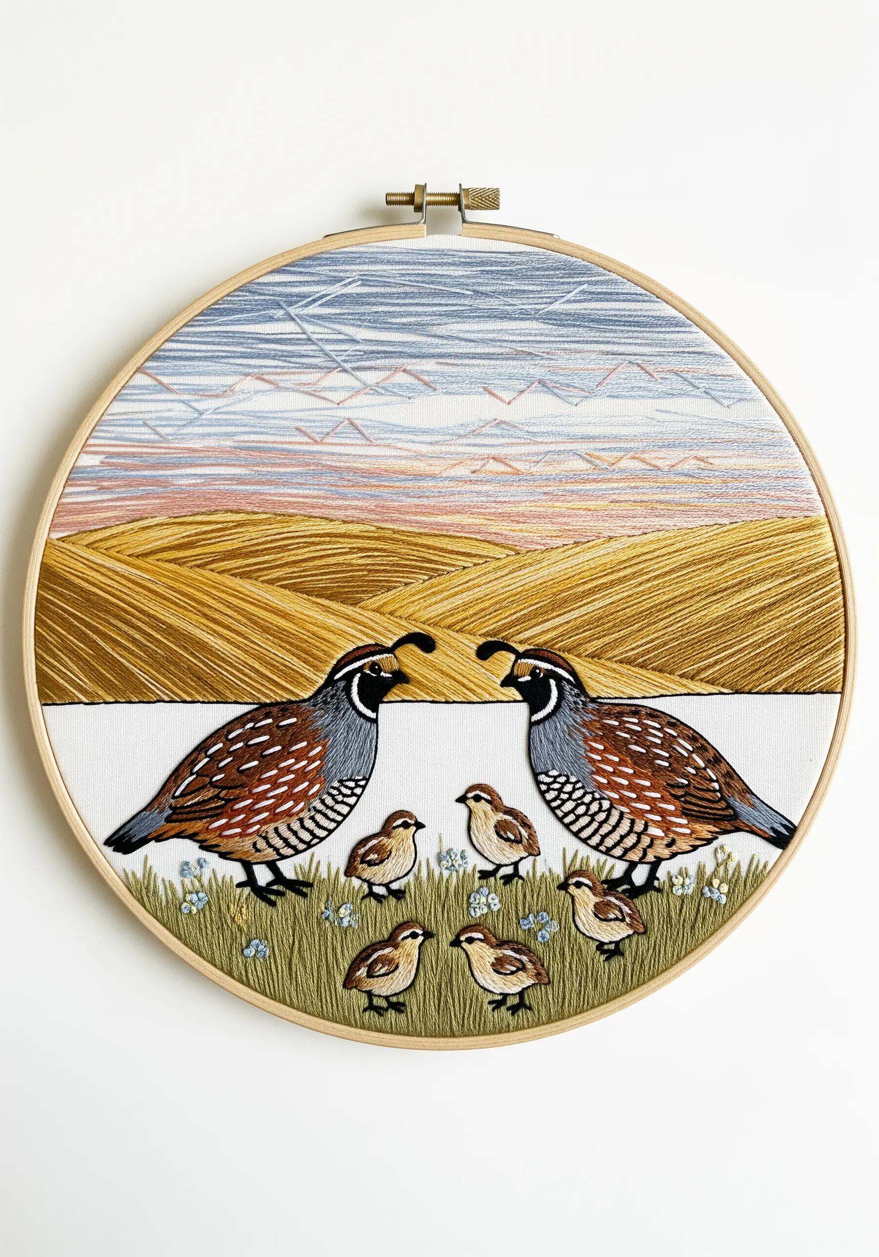 A family of quail embroidered in front of a landscape of rolling golden hills.