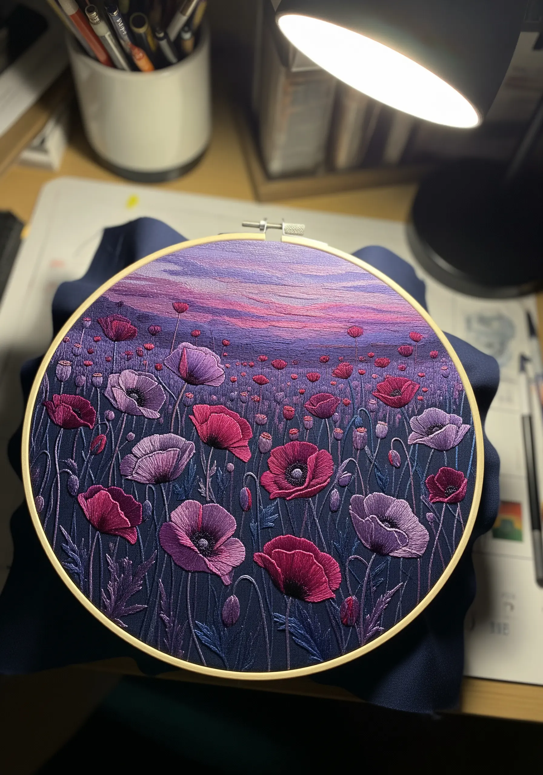 A detailed thread-painted embroidery of a purple and pink poppy field at sunset.