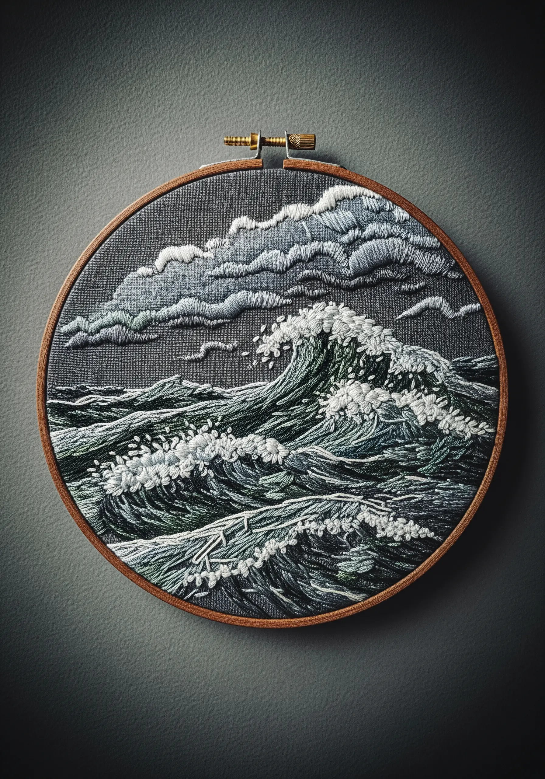 Realistic thread-painted embroidery of a stormy ocean with dark waves and grey clouds.