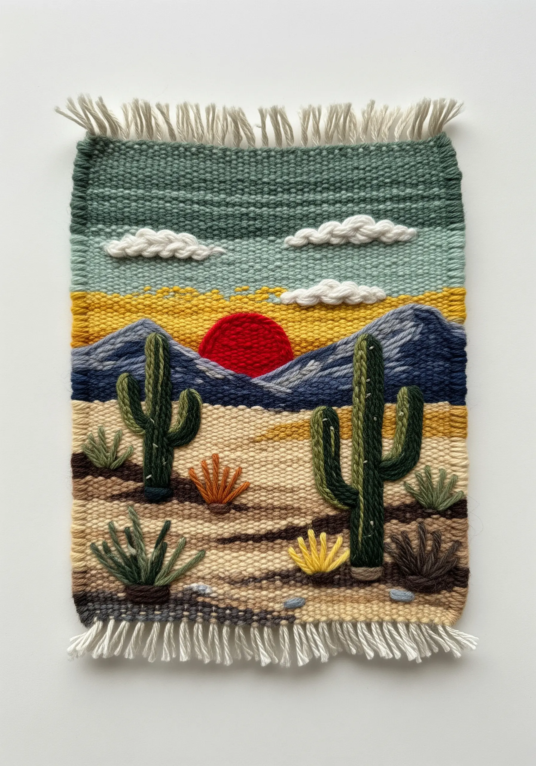 A small woven tapestry depicting a desert scene with cacti, mountains, and a red sun.
