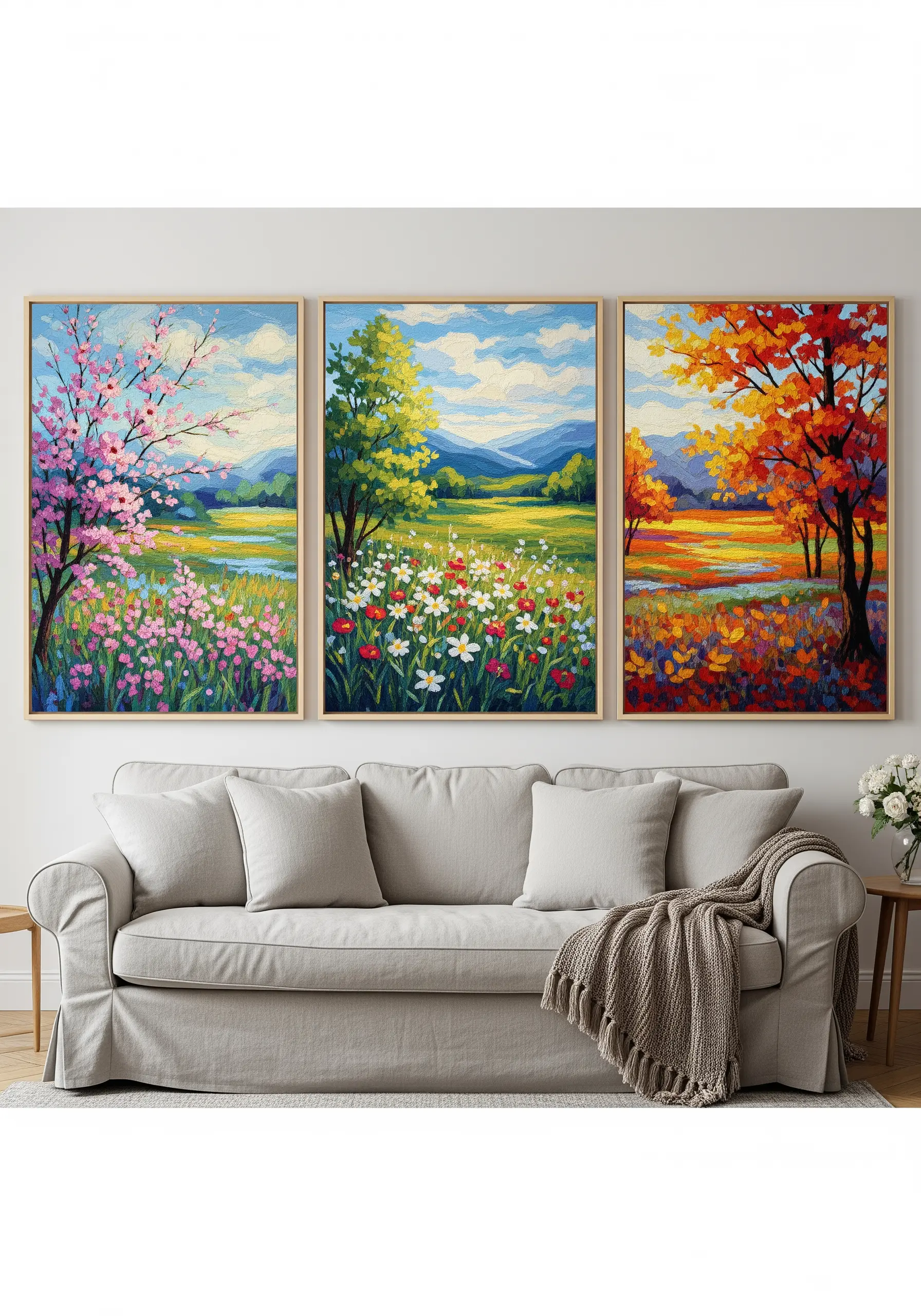A triptych of three framed embroideries showing the same landscape in spring, summer, and autumn.