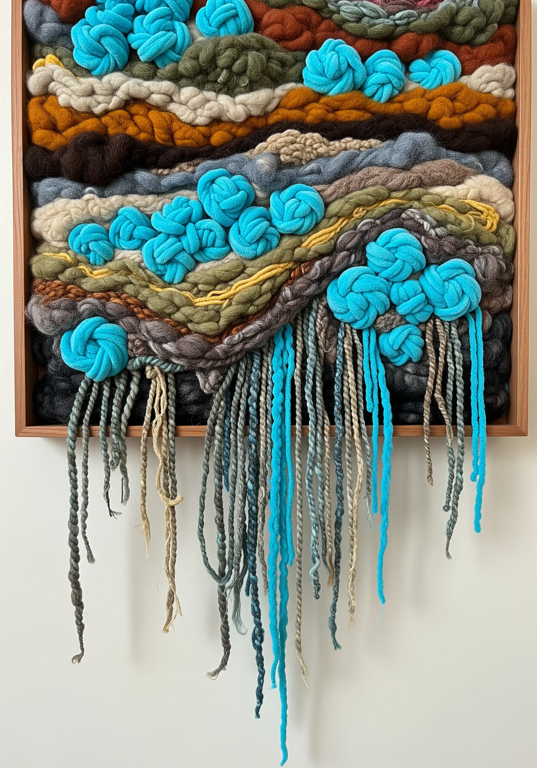 A framed woven wall hanging with earthy tones and bright blue textural knots.