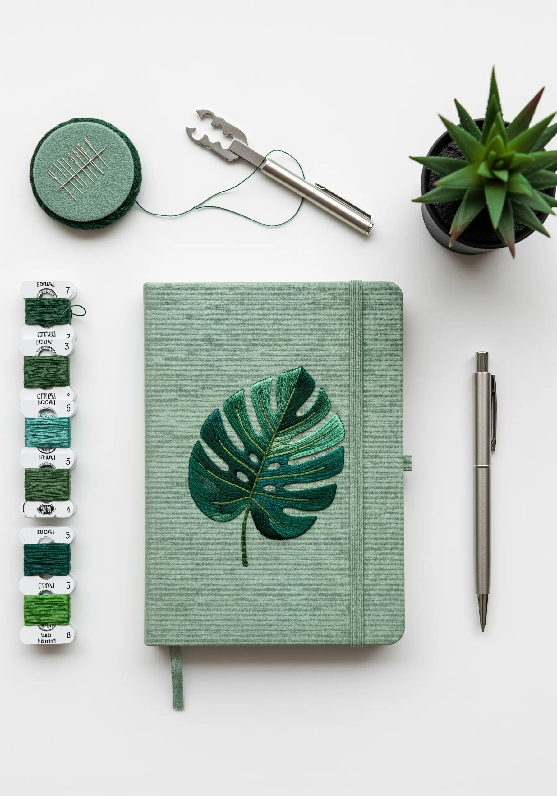 An embroidered monstera leaf with detailed thread painting on the cover of a sage green journal.