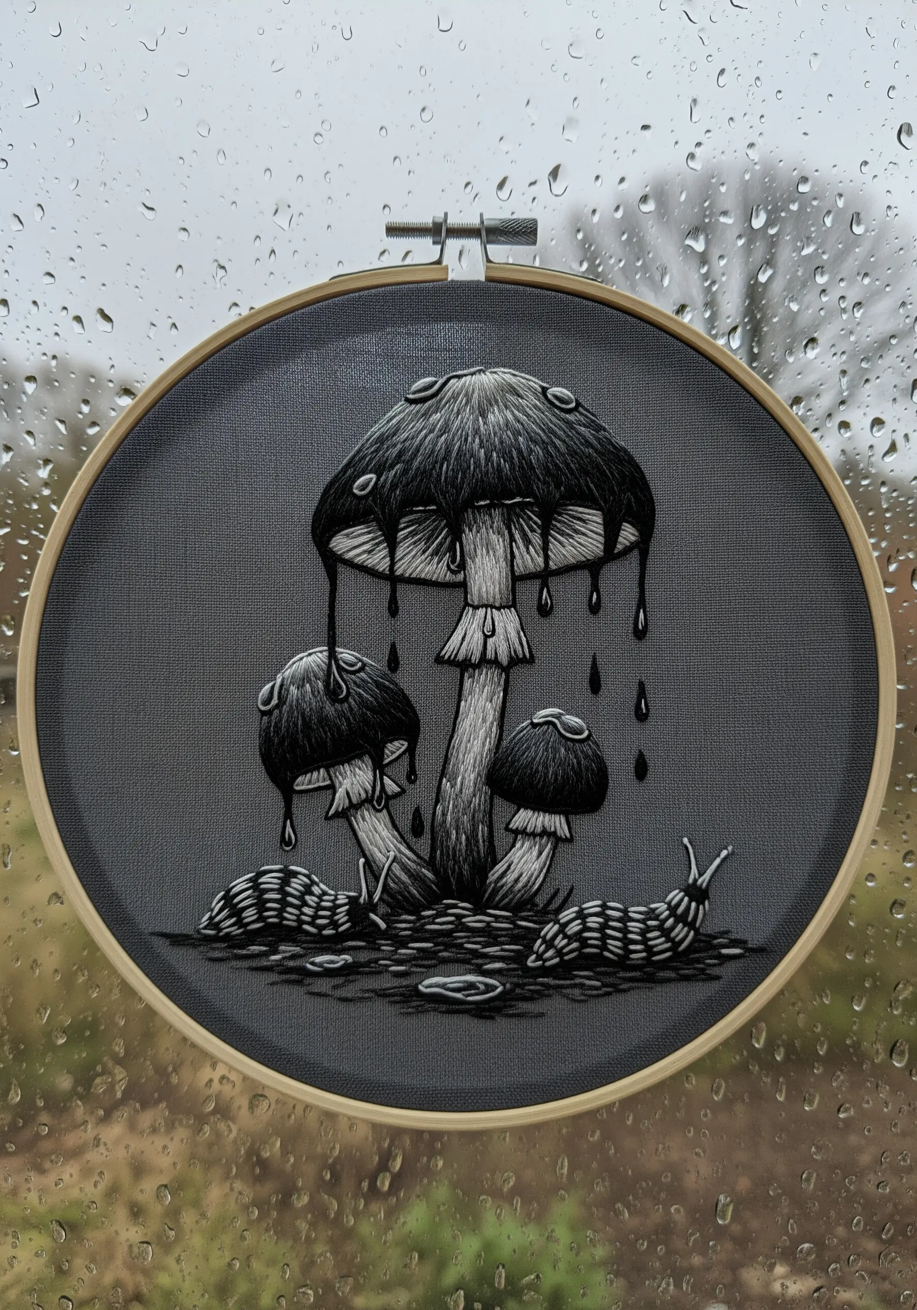 Monochrome embroidery of inky cap mushrooms dripping black, stitched in shades of grey.