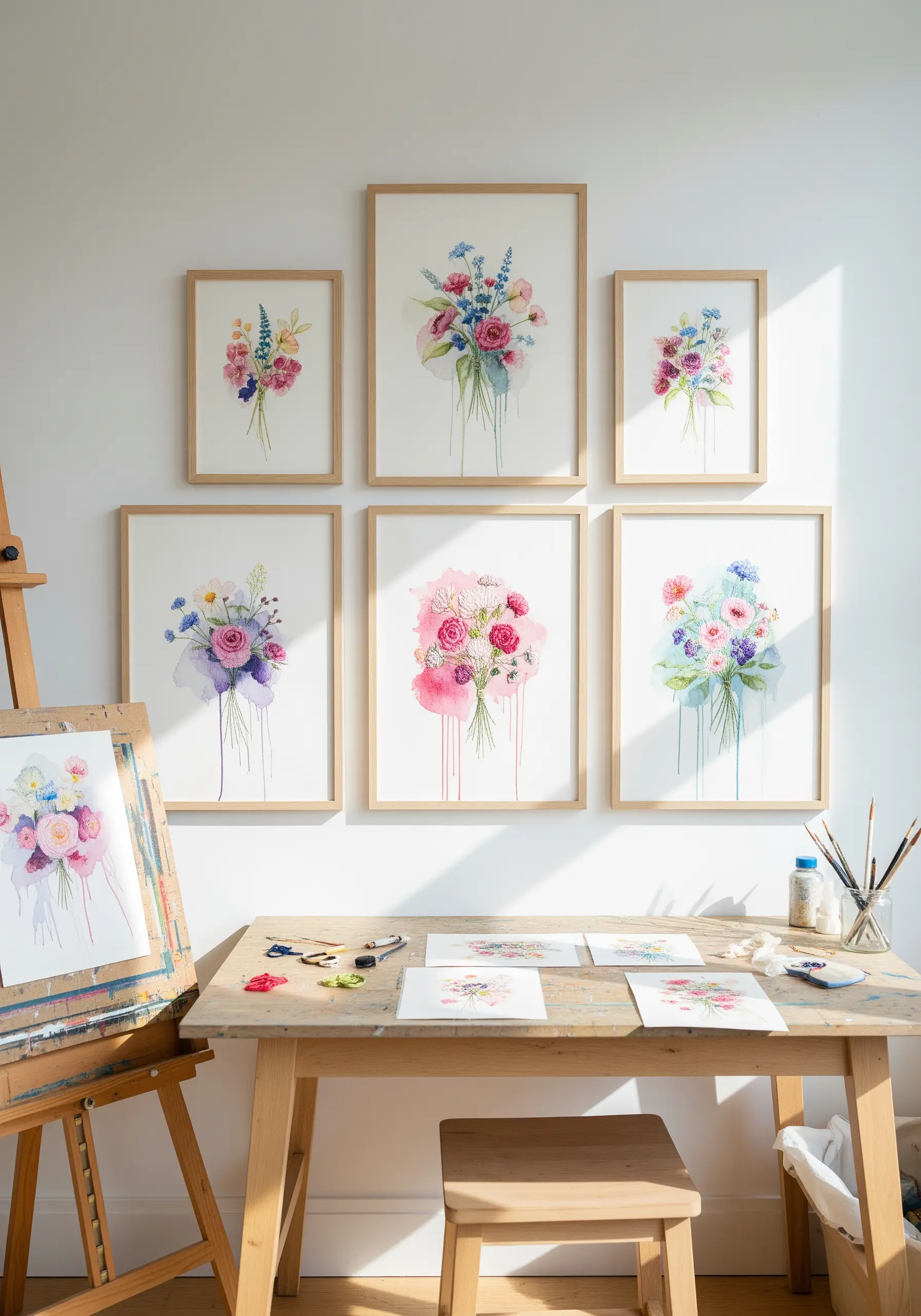 A gallery wall of framed embroideries that look like watercolor paintings of floral bouquets