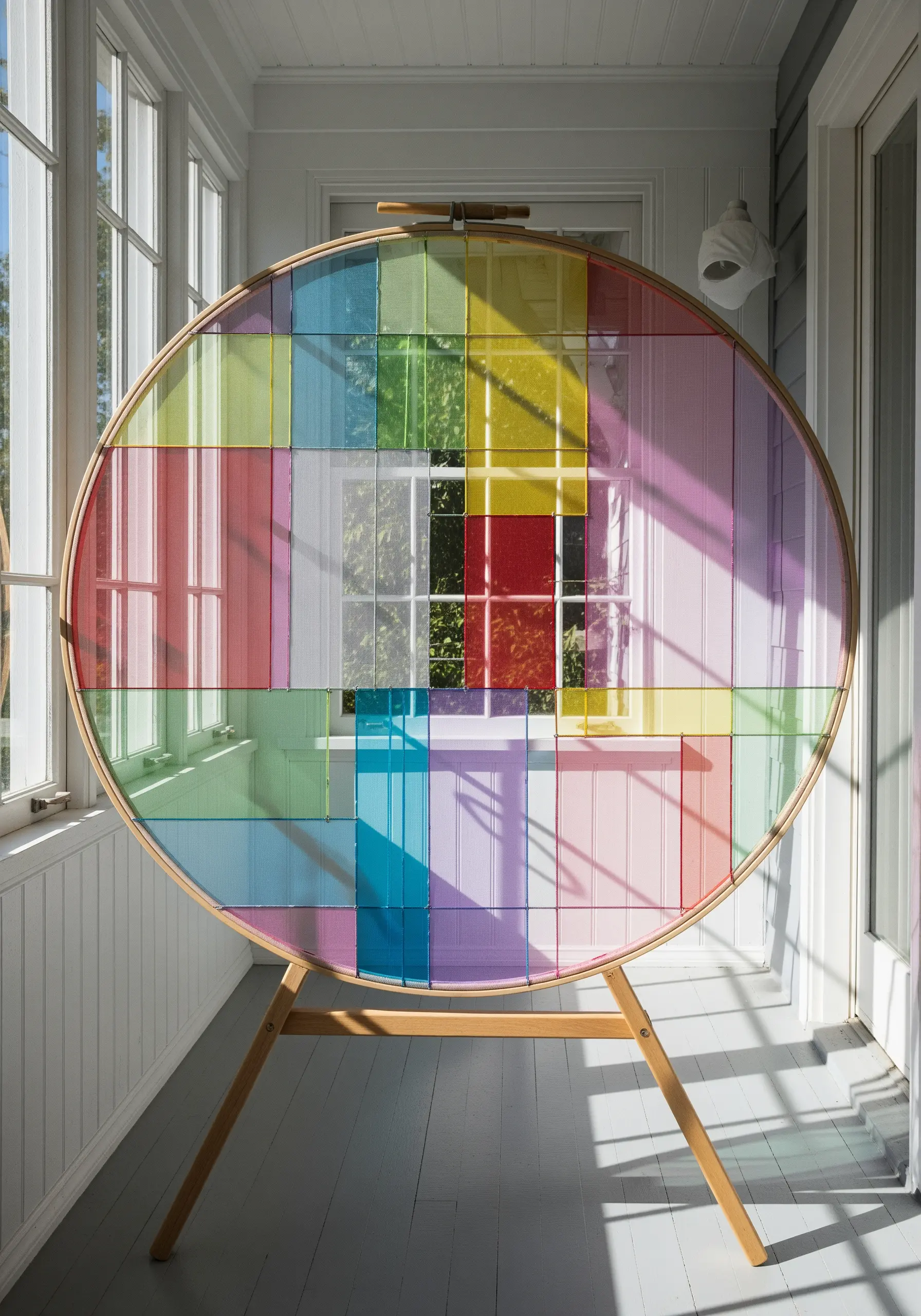 A very large embroidery hoop with colorful, transparent threads creating a geometric pattern.