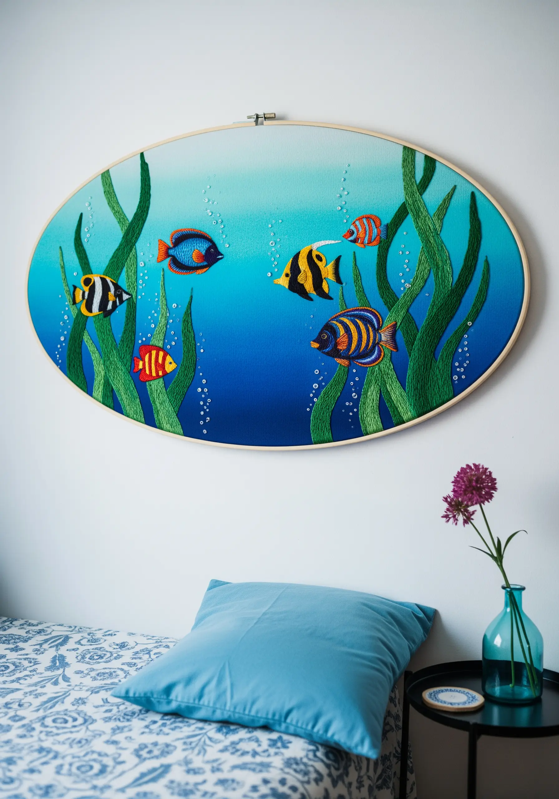 An oval embroidery hoop with colorful fish and seaweed against a painted blue gradient background.
